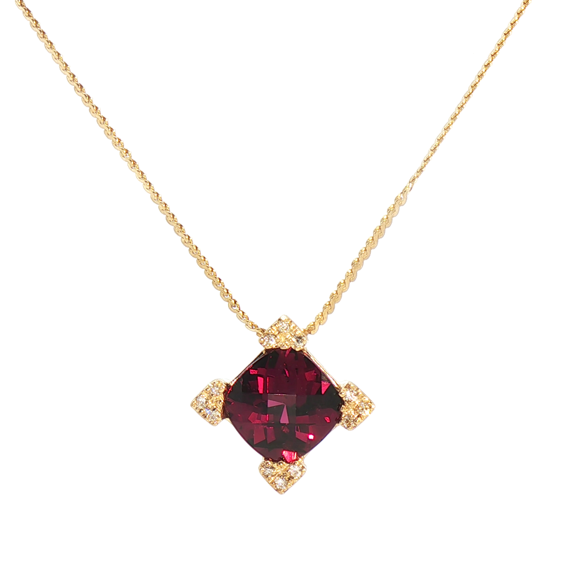 Kent Island Jewelry Estate 14K yellow gold rubellite tourmaline and diamond accent necklace on white background.