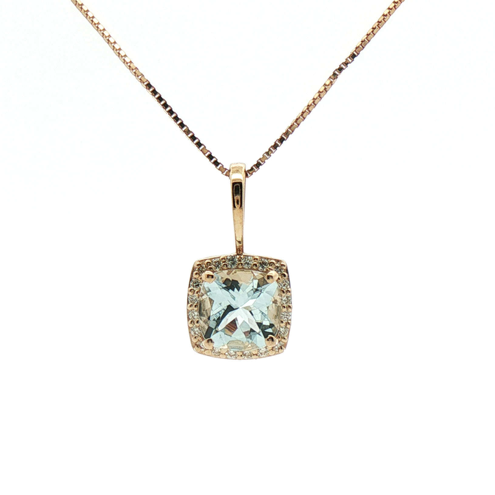 Kent Island Jewelry Estate 10K YG Aquamarine and Diamond Halo Necklace featuring a square blue stone.