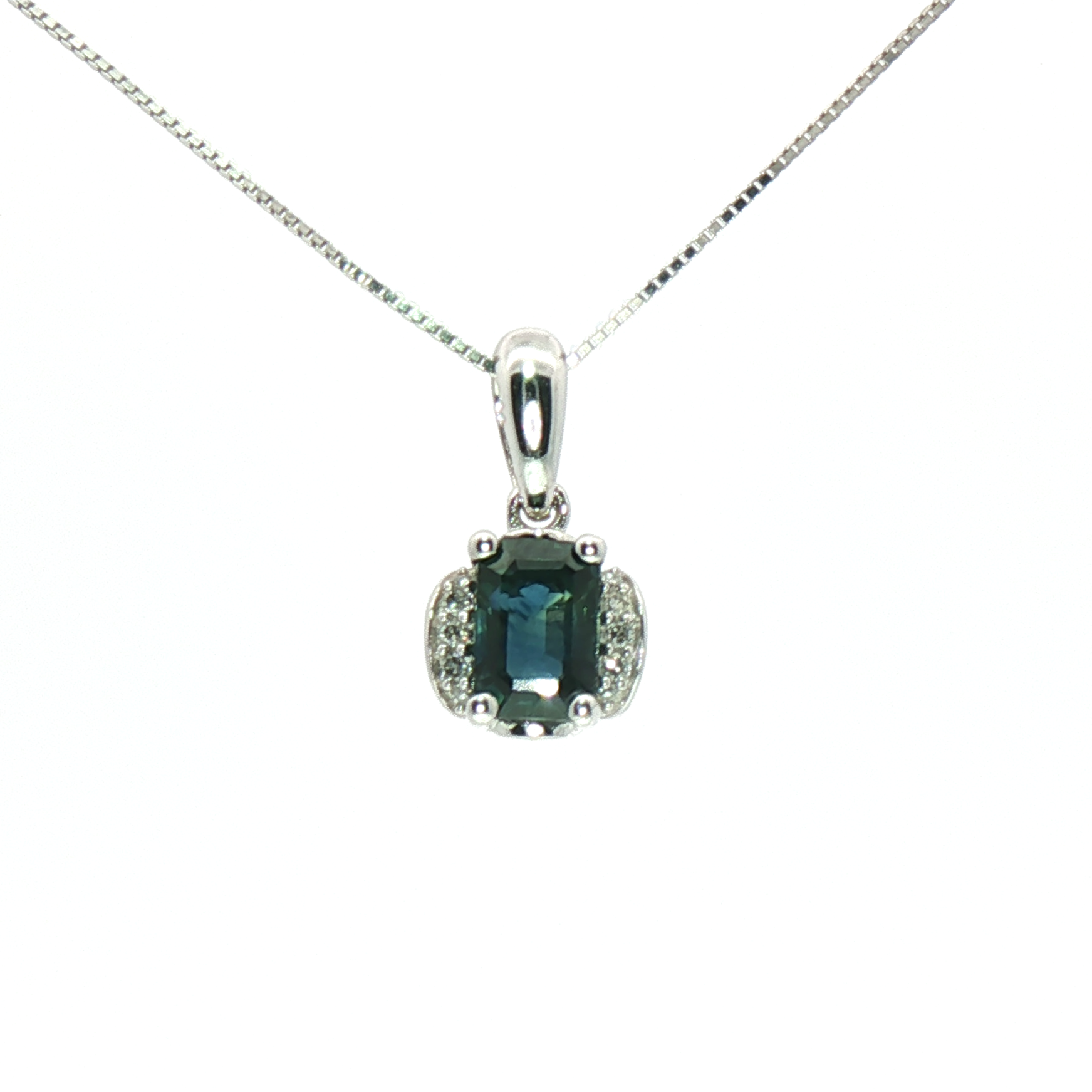 Kent Island Jewelry Estate 14K white gold topaz & diamond necklace, shown on a white background.