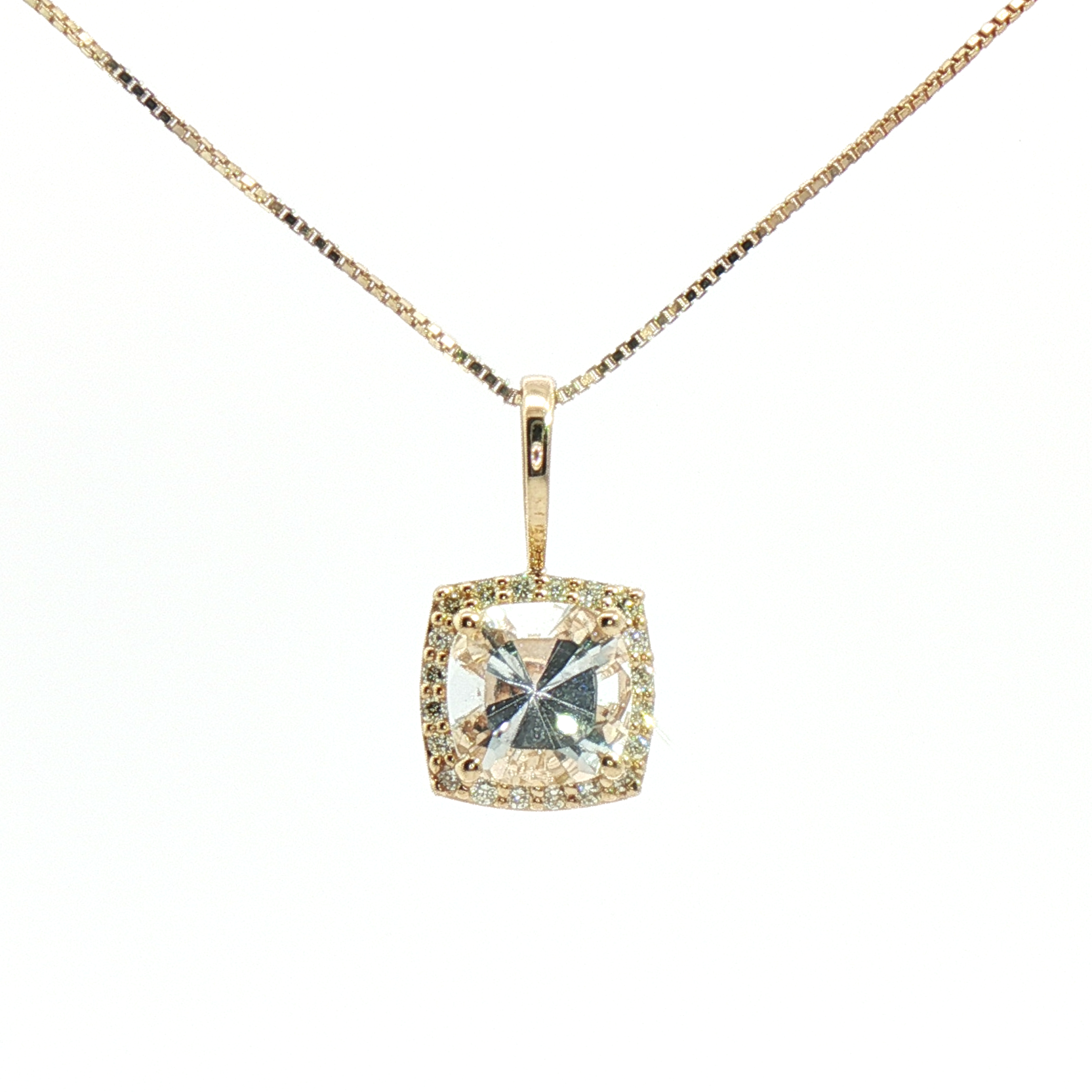 Kent Island Jewelry Estate 10K YG White Topaz & Diamond Halo Pendant Necklace on a white background.