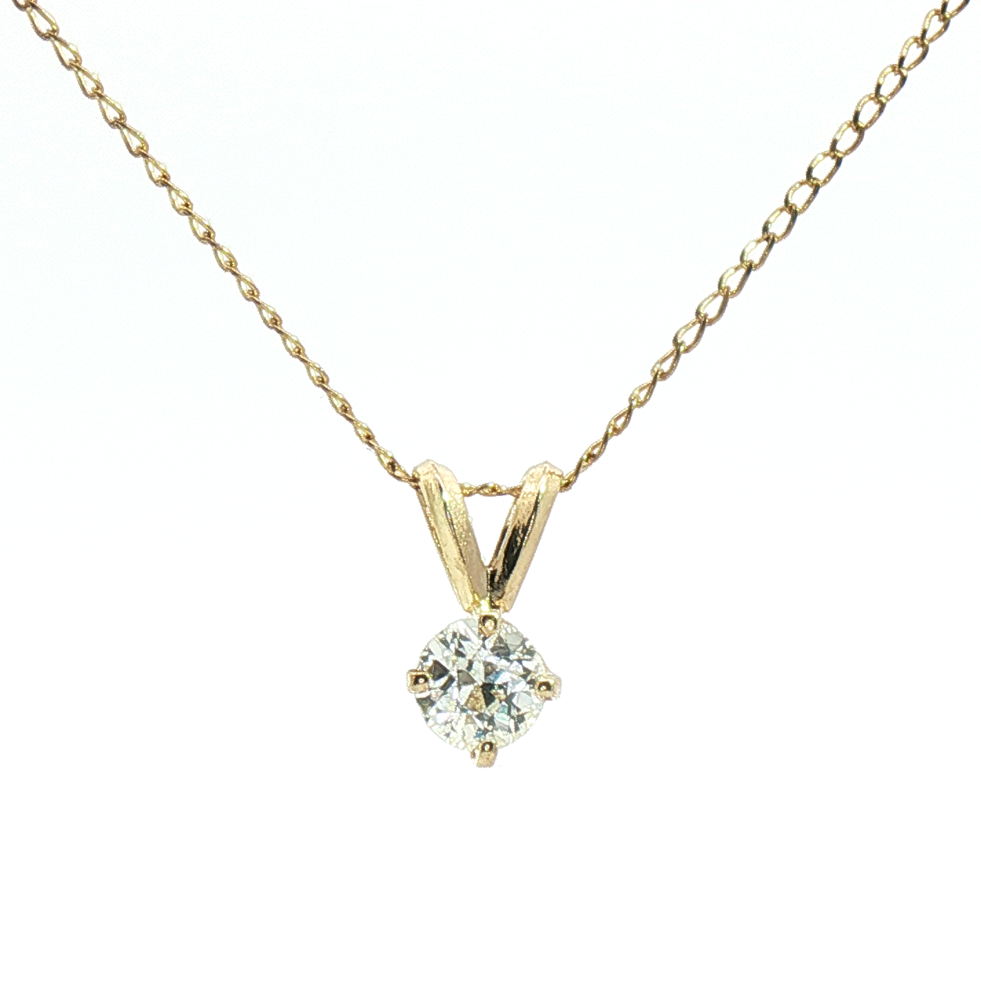Kent Island Jewelry Estate 14K yellow gold necklace with a .33ct diamond pendant in a V-shaped setting.