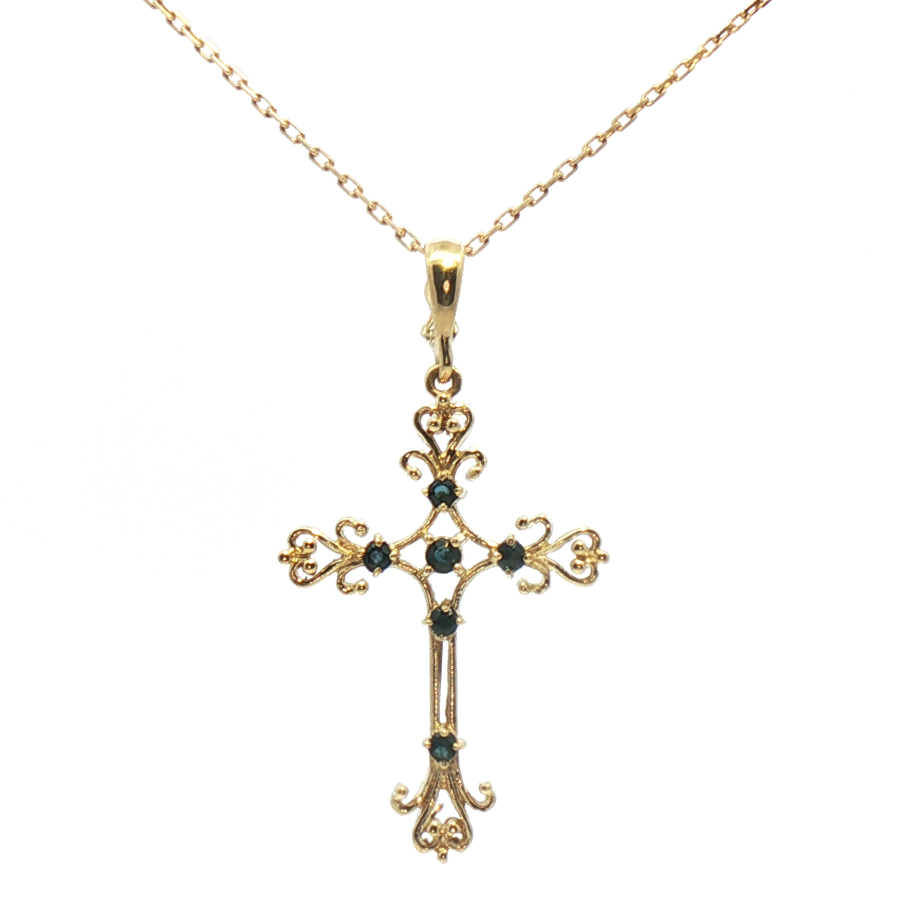 Kent Island Jewelry Estate 14K YG Sapphire Cross Necklace features an ornate pendant with blue gemstones.