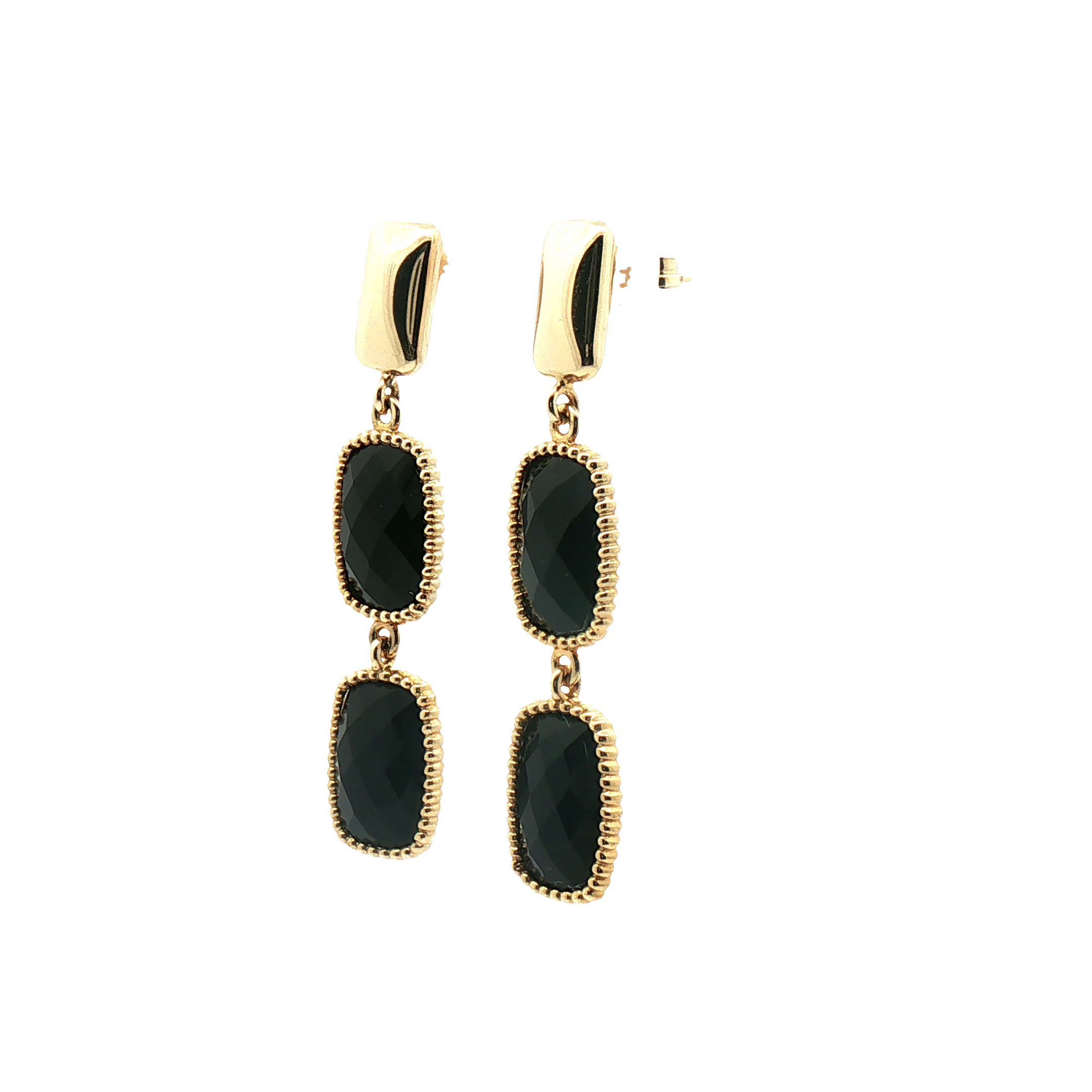 Estate 14K Yellow Gold Beaded Bezel Onyx Drop Earrings by Kent Island Jewelry displayed on a white background.