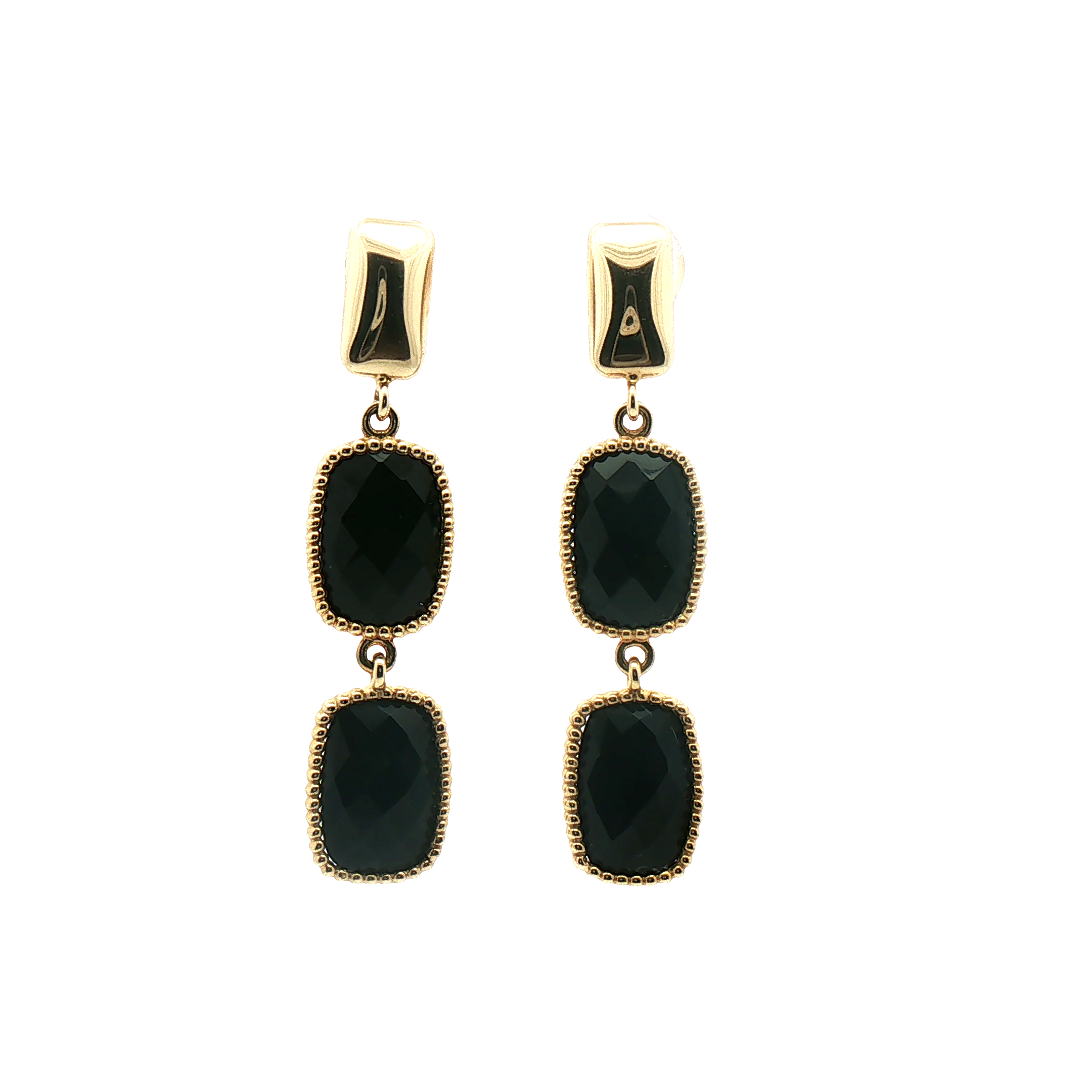 Kent Island Jewelry Estate 14K gold drop earrings with beaded bezels and two rectangular black onyx stones.