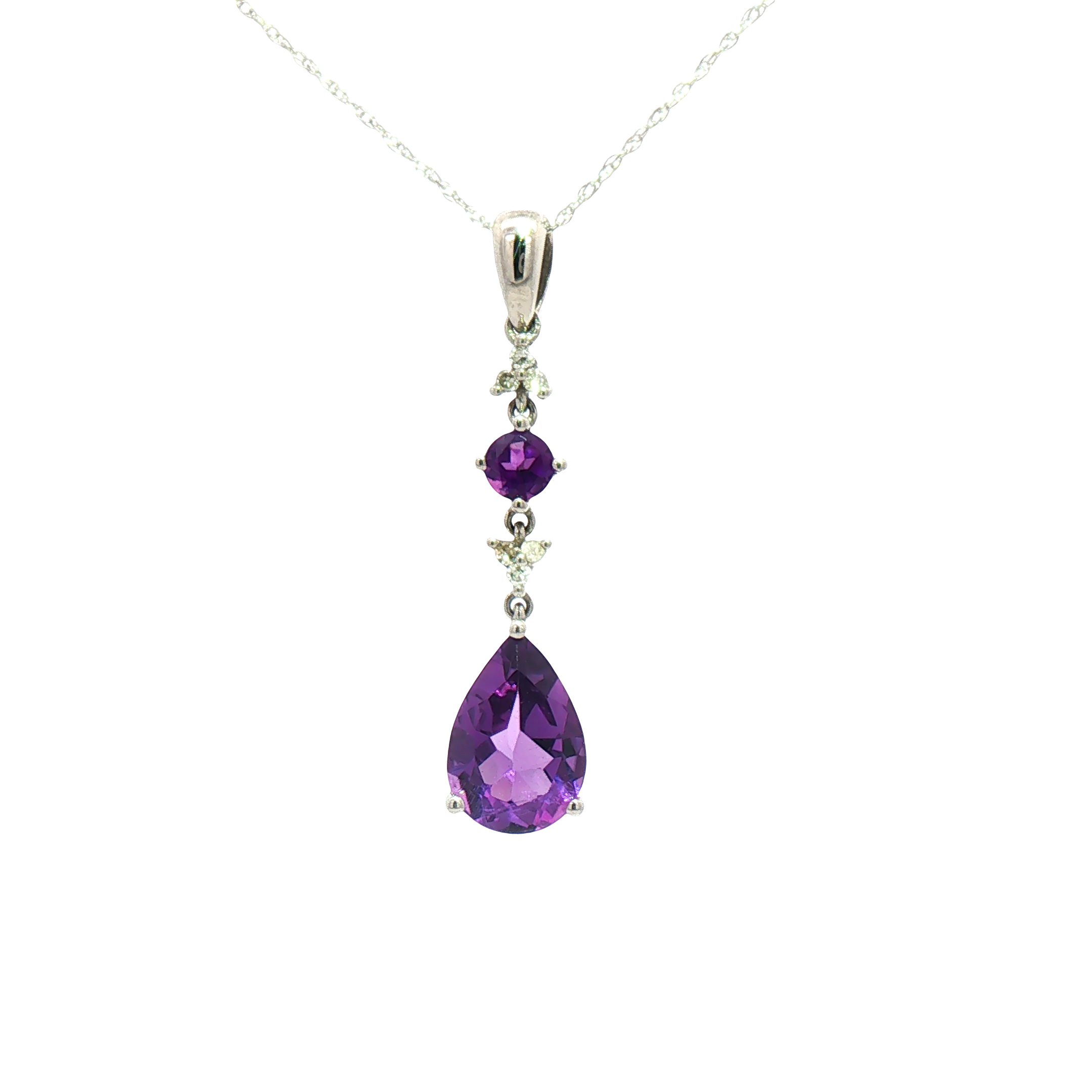 Kent Island Jewelry Estate 10K White Gold Pear Cut Amethyst Drop Pendant Necklace shown on a white background.