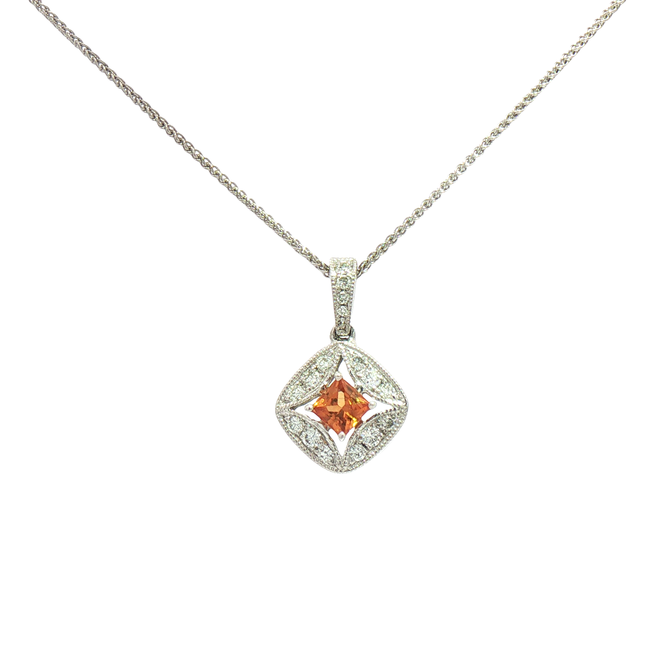 Kent Island Jewelry Estate necklace: white gold with princess-cut orange sapphire and clear stones pendant.
