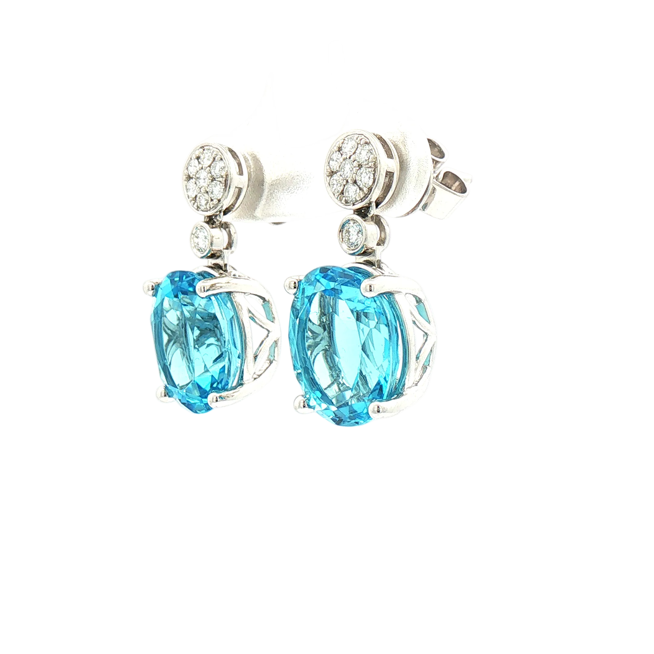 Kent Island Jewelry Estate 14K White Gold Blue Topaz Drop Earrings feature large ovals and round clear stones.