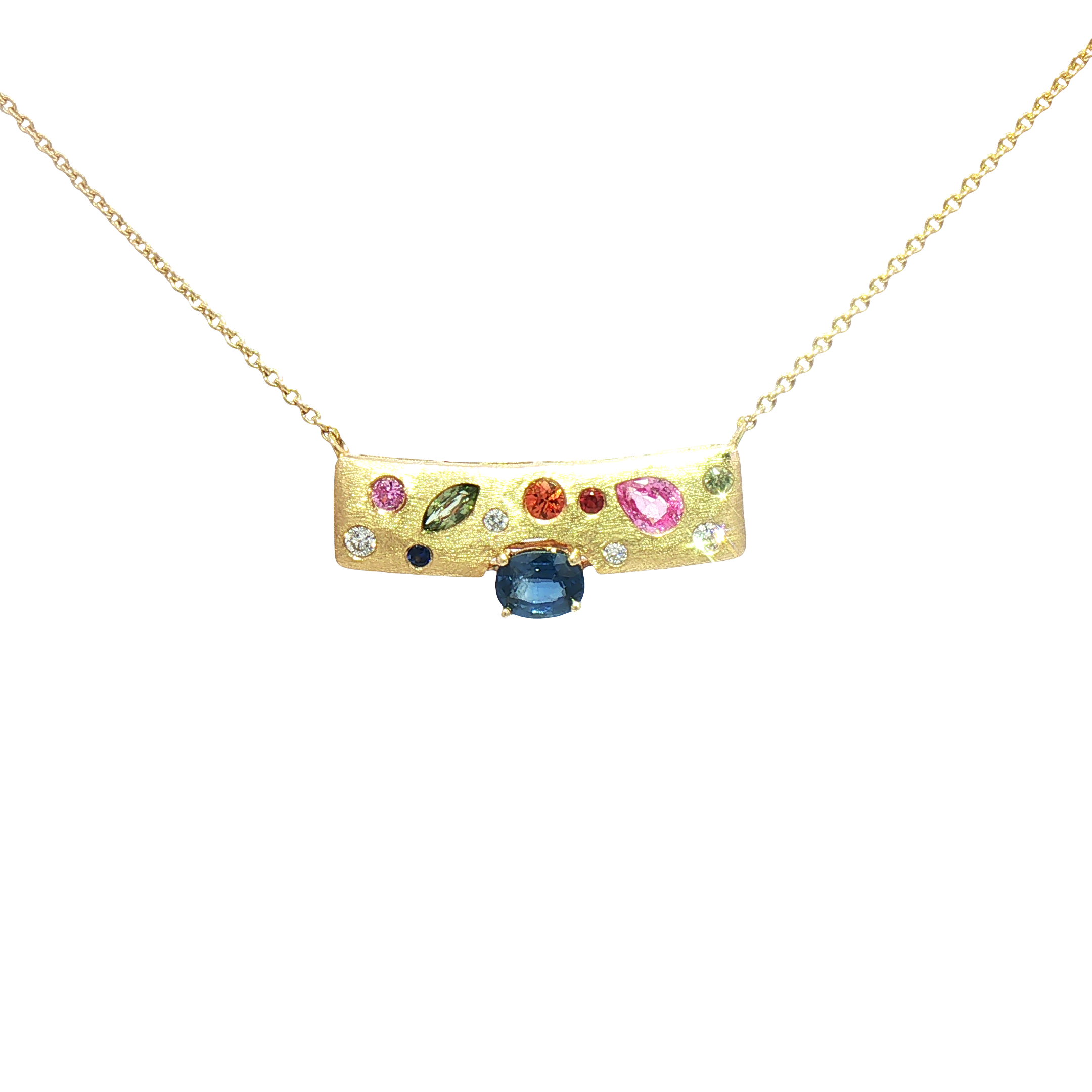Kent Island Jewelry Estate 14K Yellow Gold Bar Necklace with multi-gemstones and central blue sapphire.