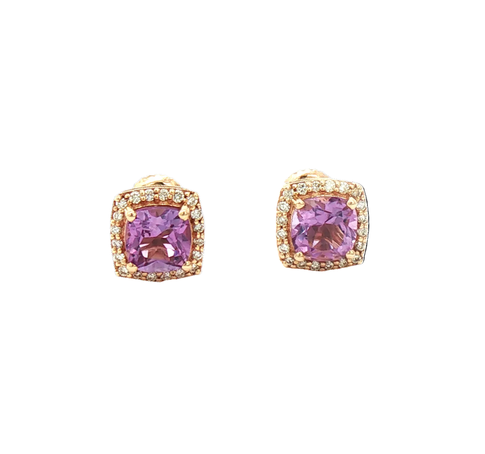 Estate 10K yellow gold cushion-cut amethyst halo stud earrings by Kent Island Jewelry.