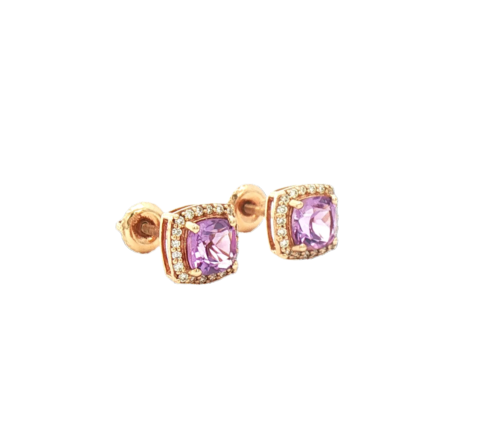 Estate 10K yellow gold cushion-cut amethyst halo stud earrings by Kent Island Jewelry on white background.