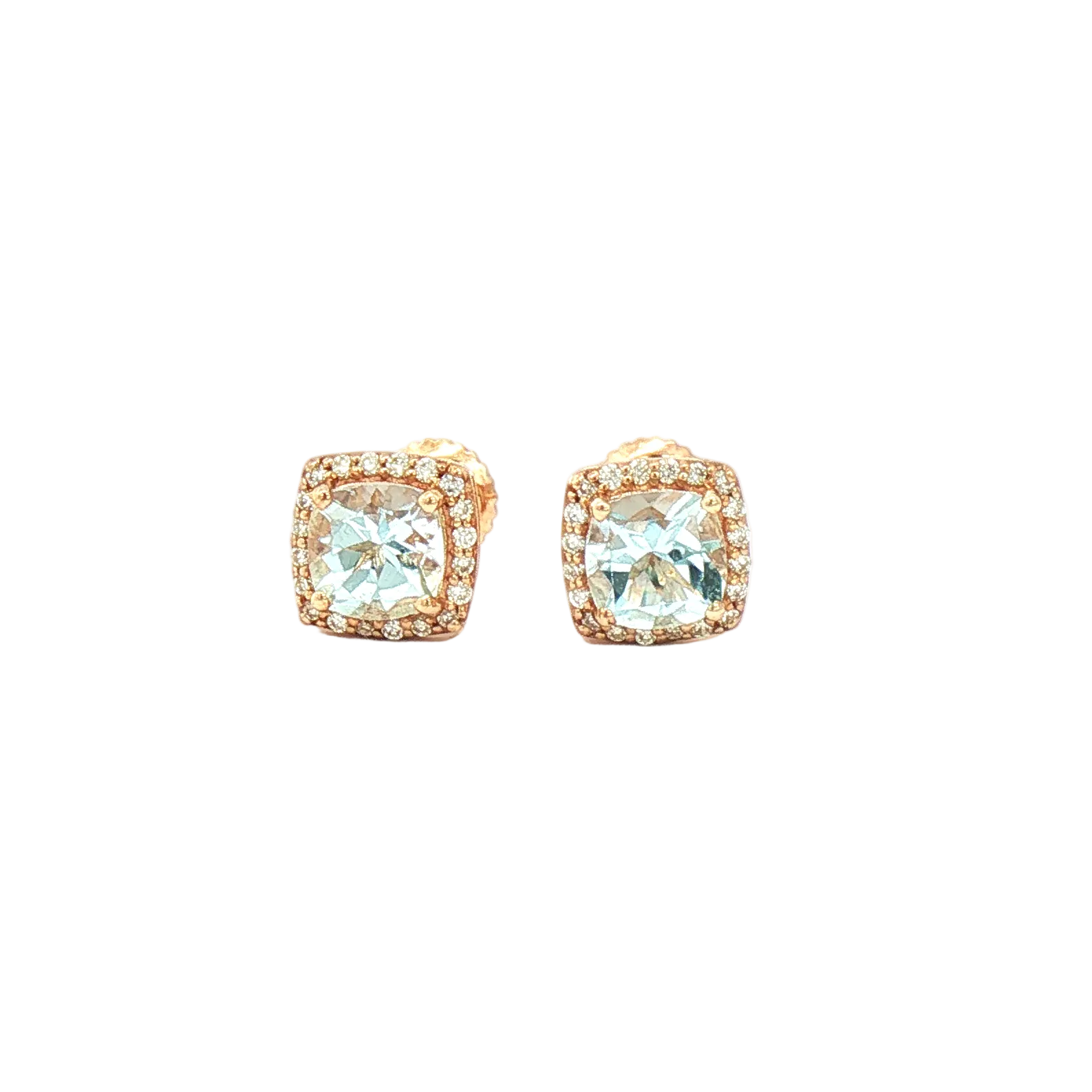 Kent Island Jewelry Estate 10K Yellow Gold Cushion-Cut Aquamarine Halo Stud Earrings.