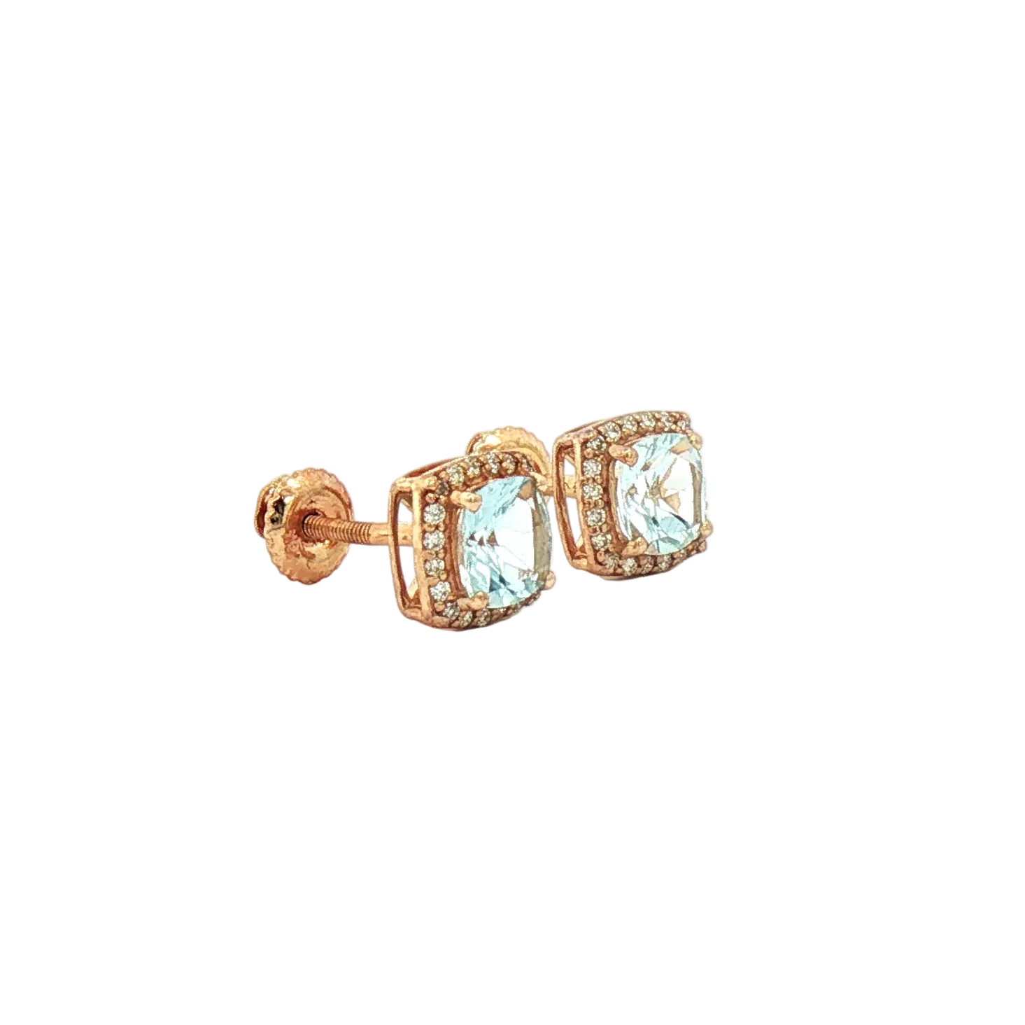 Kent Island Jewelry Estate 10K yellow gold cushion-cut aquamarine halo stud earrings.