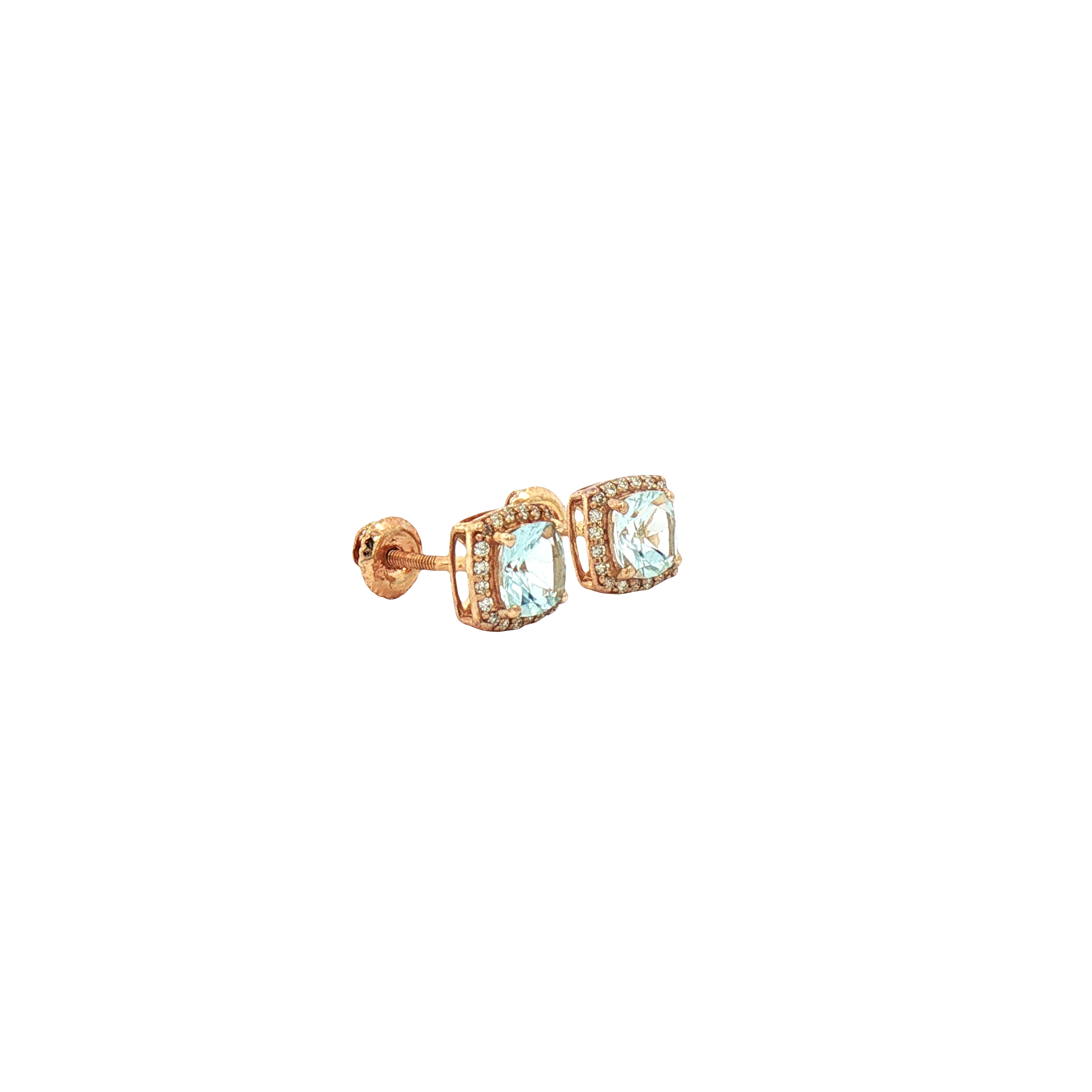 Kent Island Jewelry Estate 10K yellow gold cushion-cut aquamarine halo stud earrings shown on white background.