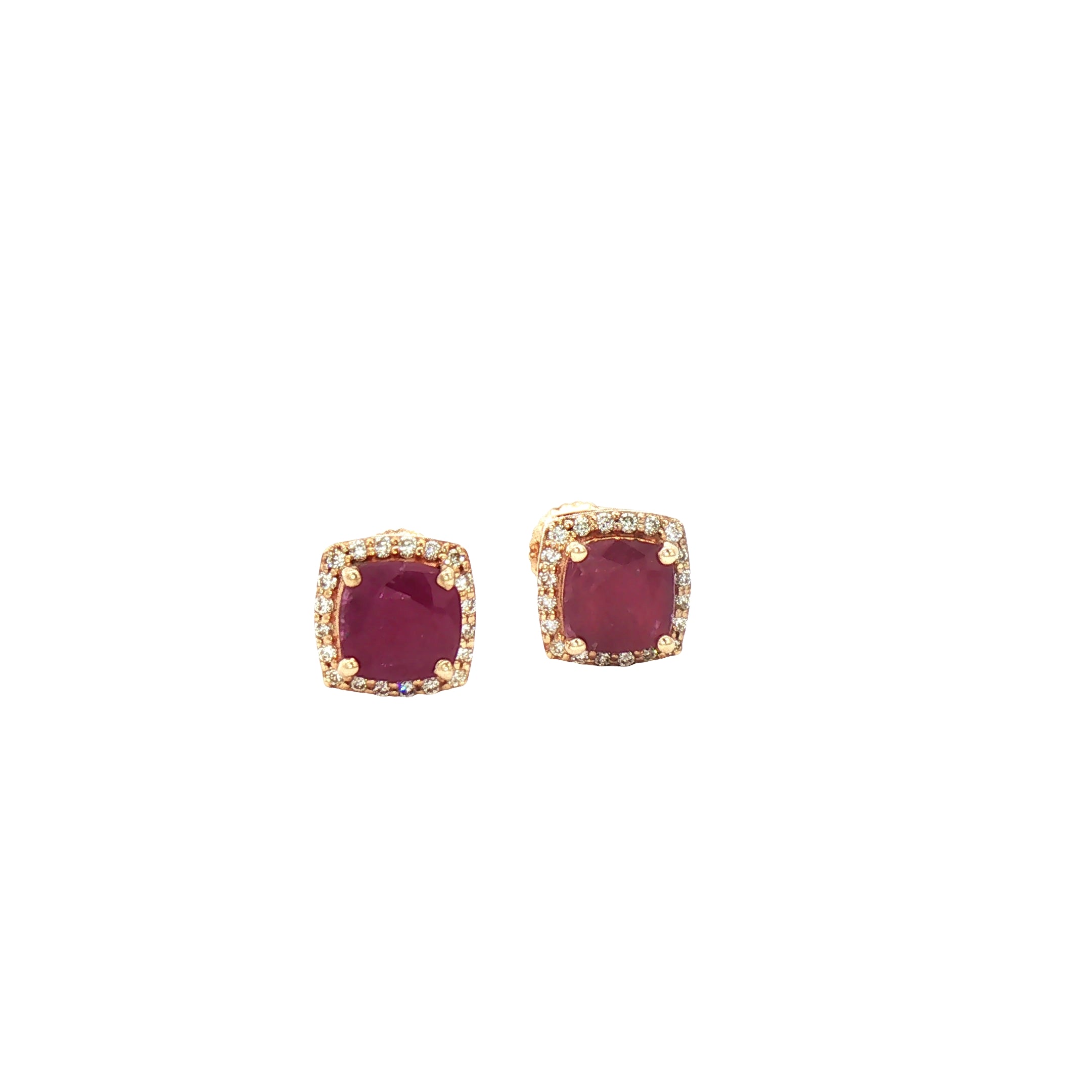 Kent Island Jewelry Estate 10K yellow gold stud earrings with cushion-cut rubies and crystal halo, shown on white.
