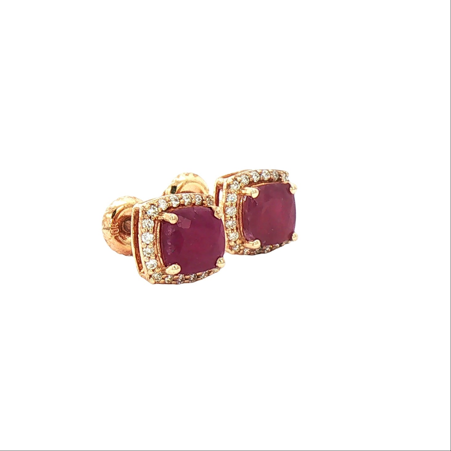 Estate 10K yellow gold cushion-cut ruby halo stud earrings by Kent Island Jewelry.