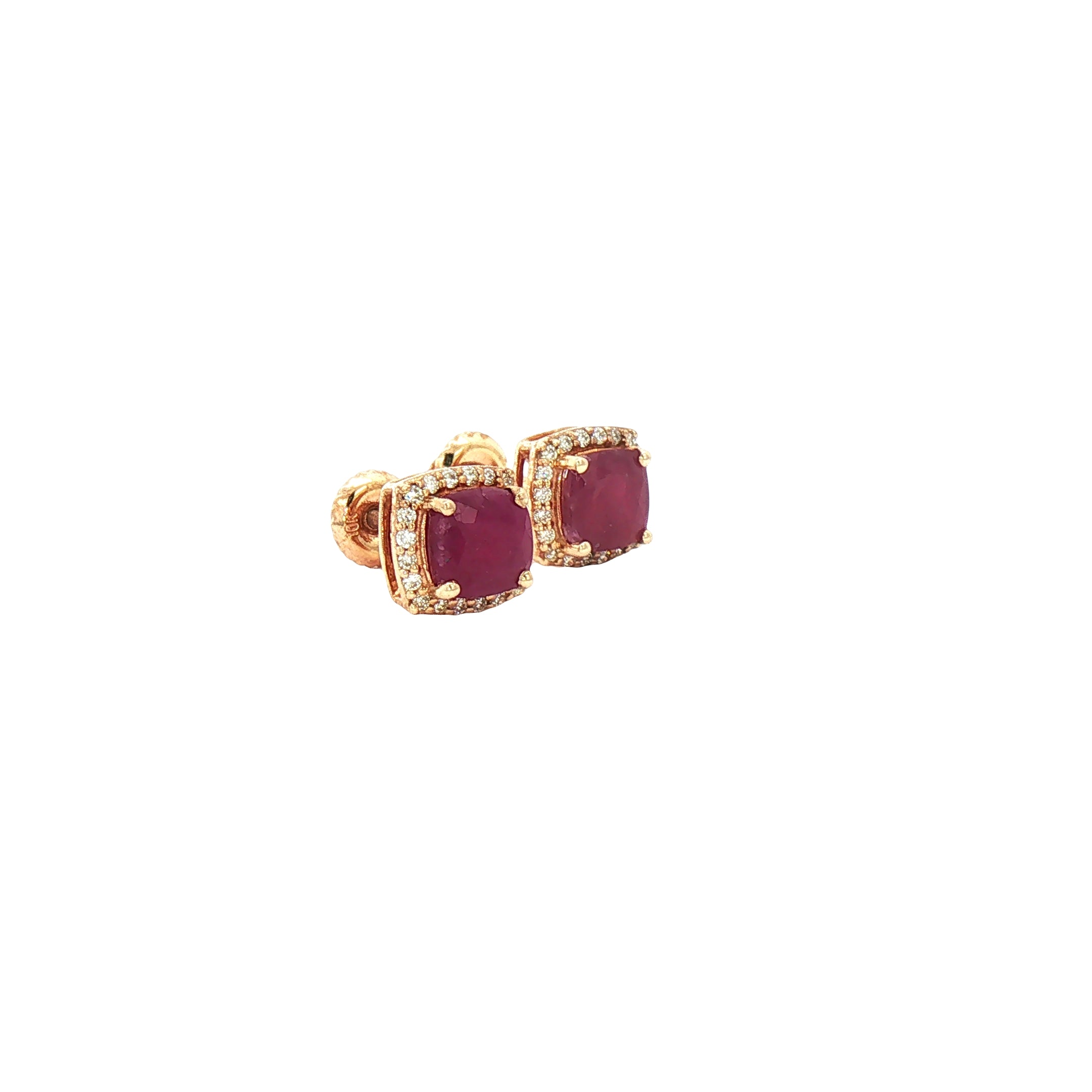 Estate 10K yellow gold cushion-cut ruby halo stud earrings by Kent Island Jewelry shine with clear stones.