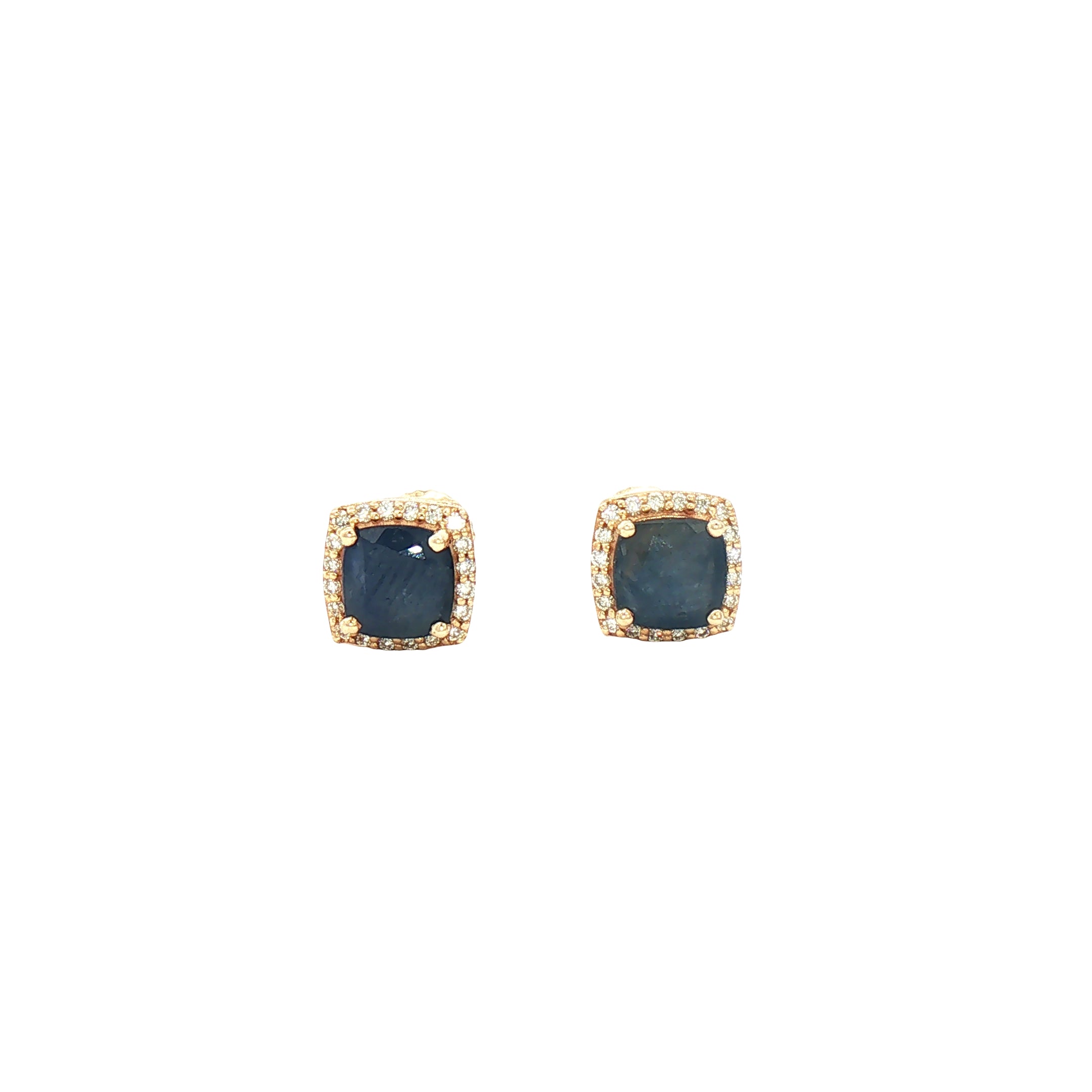 Estate 10K Yellow Gold Cushion-Cut Sapphire Halo Stud Earrings by Kent Island Jewelry on a white background.