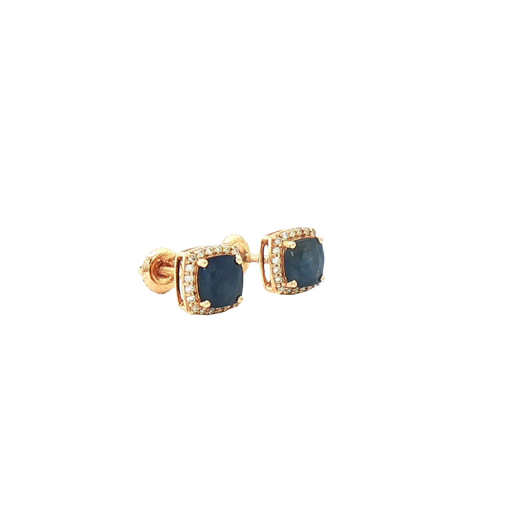Kent Island Jewelry Estate 10K gold stud earrings with cushion-cut sapphires and crystal halos.