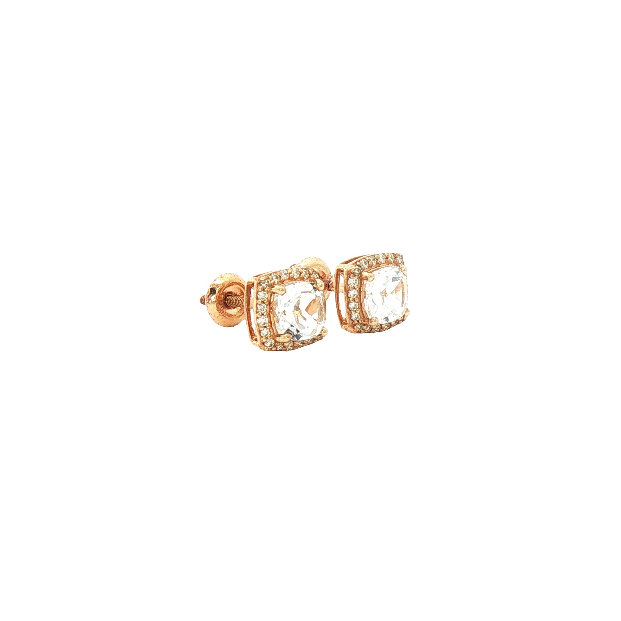 Kent Island Jewelry Estate 10K Yellow Gold Cushion-Cut White Topaz Halo Stud Earrings on a white background.