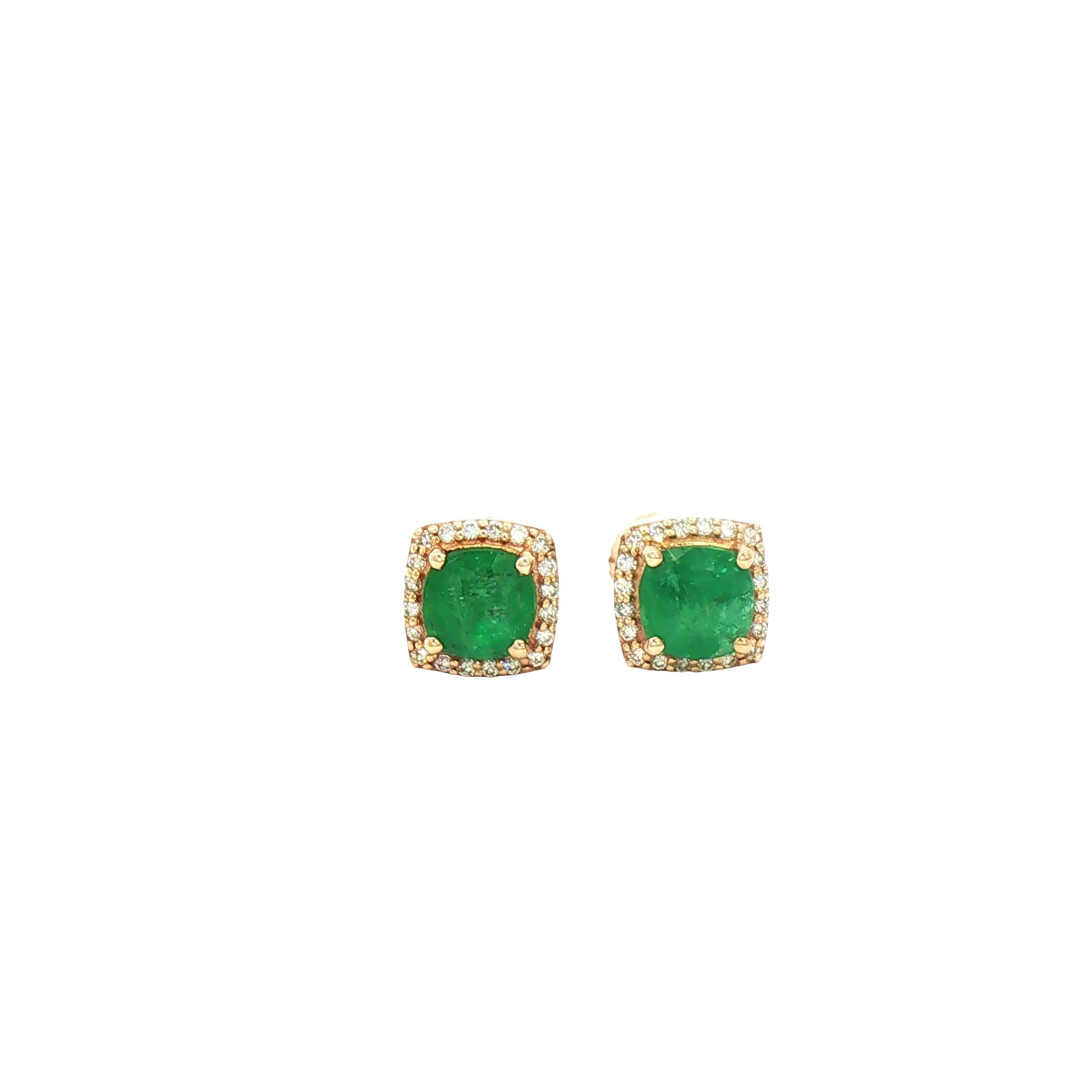 Pair of green square gemstone earrings with gold accents on a white background