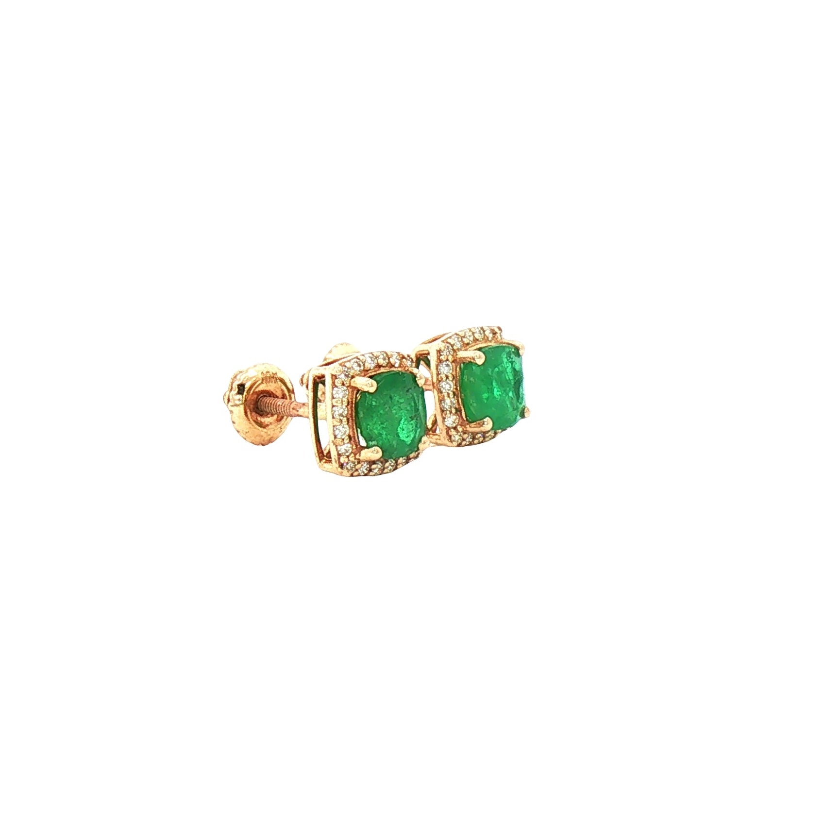 Kent Island Jewelry Estate 10K pair of green cushion cut emerald gemstone earrings with yellow gold accents.