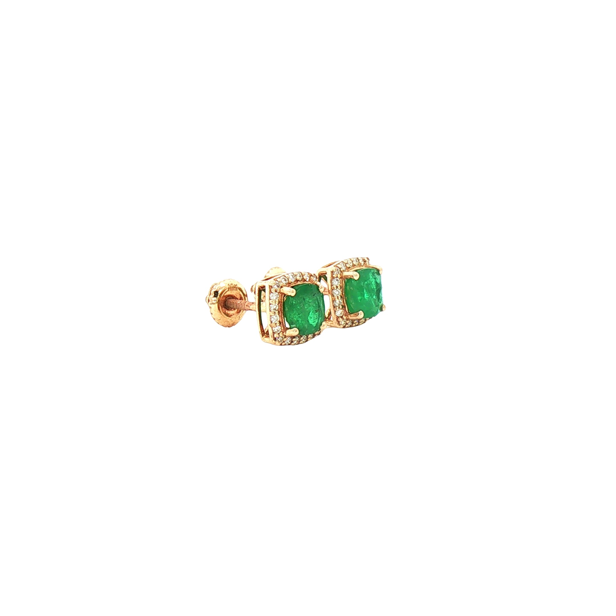 Gold earring with green gemstones on a white background