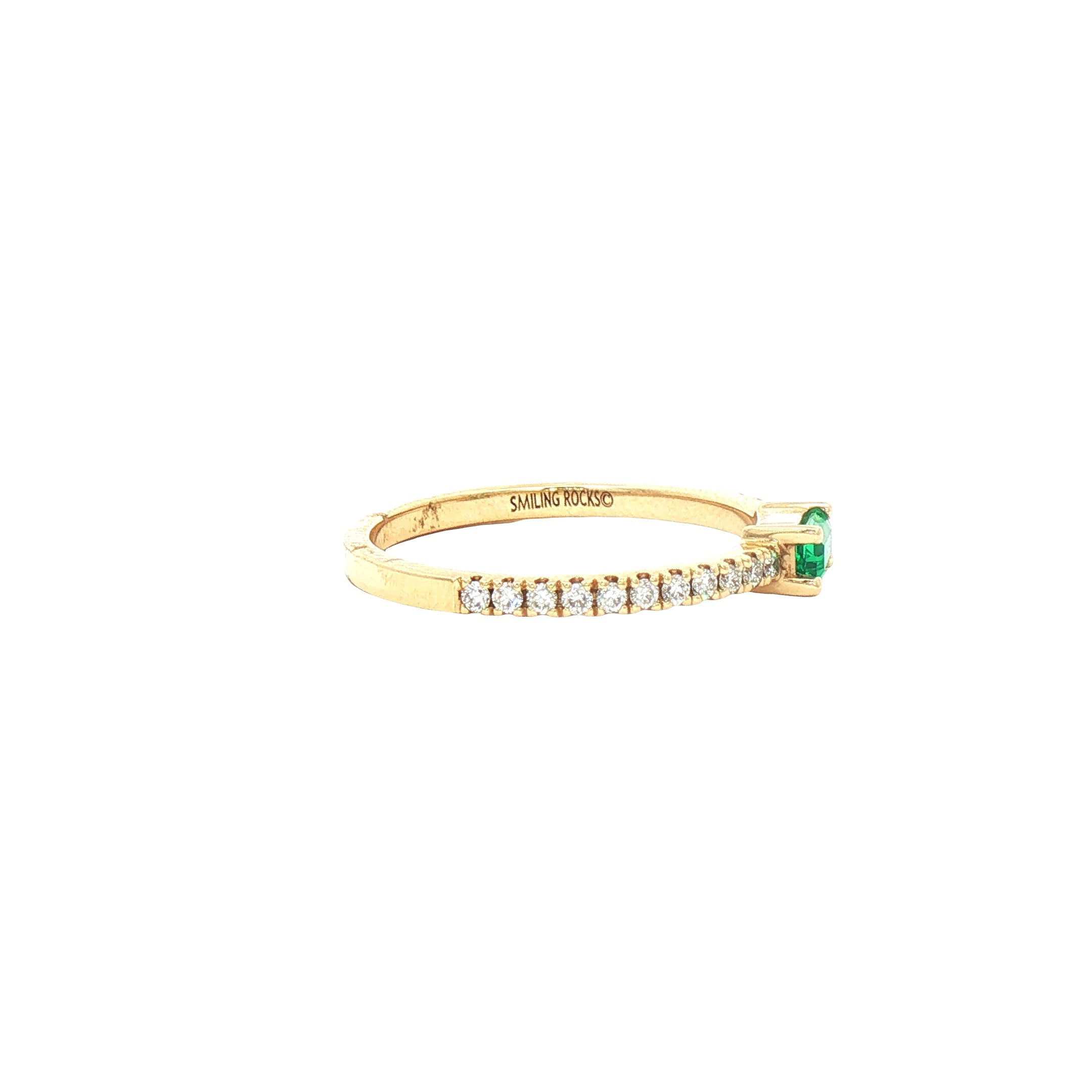 Kent Island Jewelry's Estate 14K yellow gold ring with lab-grown emerald and diamond accents on a white background.