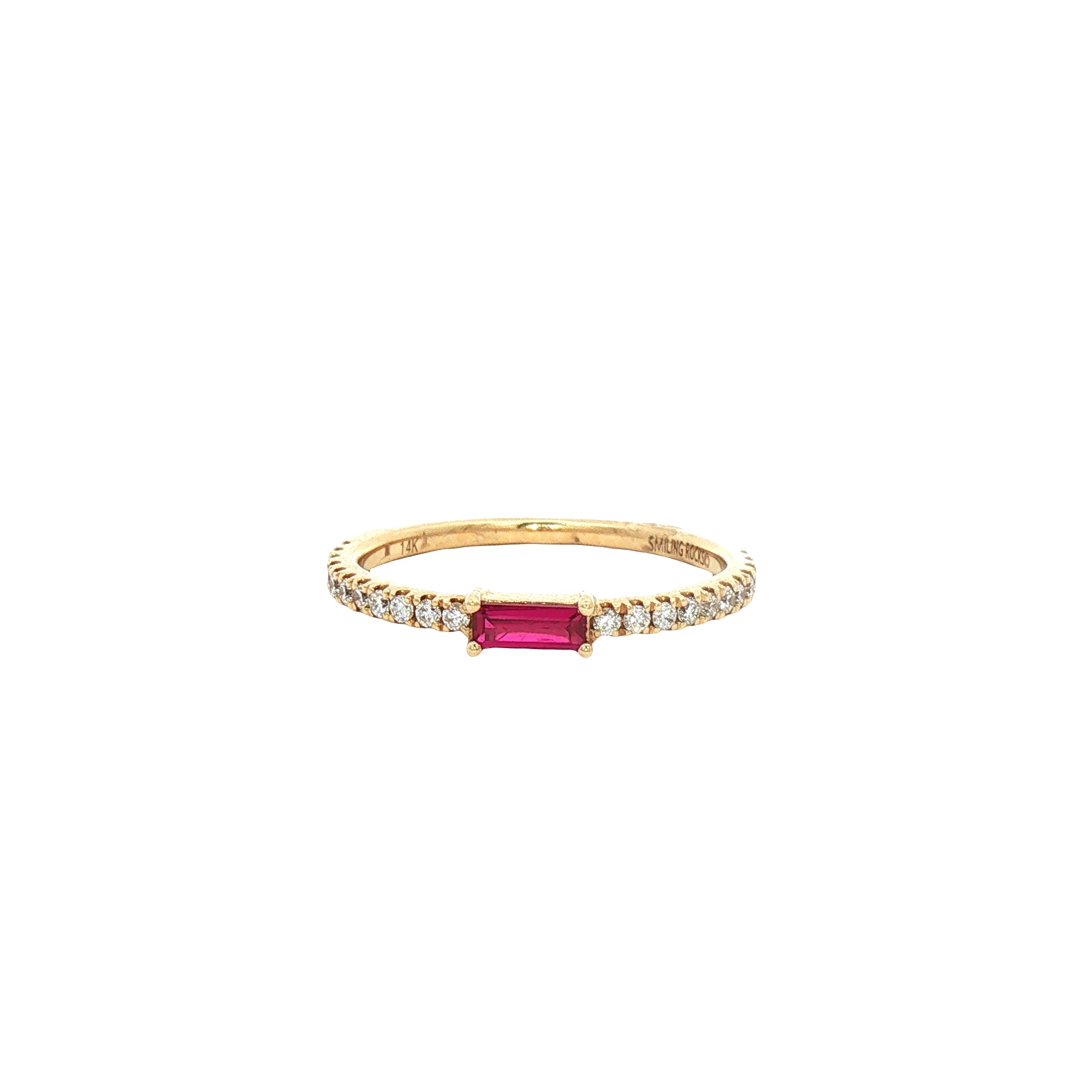 Estate 14K yellow gold lab-grown ruby and diamond ring by Kent Island Jewelry, shown on a white background.