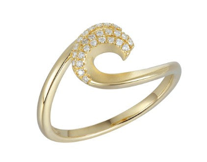 Alamea 14k Diamond Wave Ring with a curved design and small white diamonds on the top swirl.