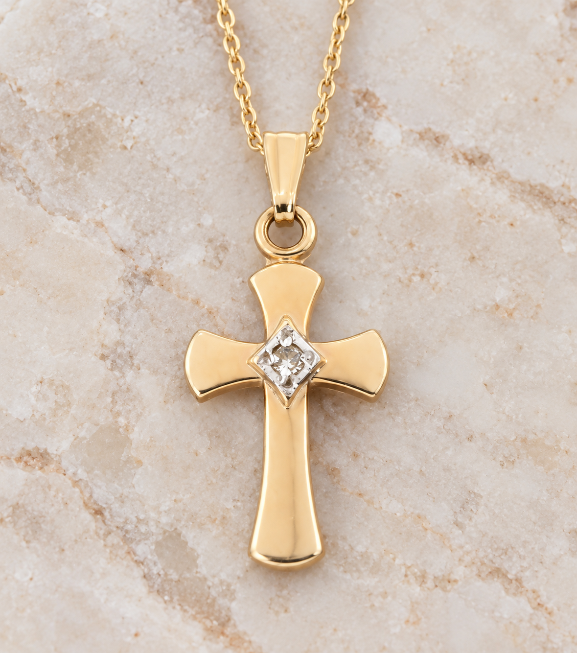 Estate 14k Yellow Gold Diamond Cross Necklace featuring a cross with a single square diamond on a gold chain.