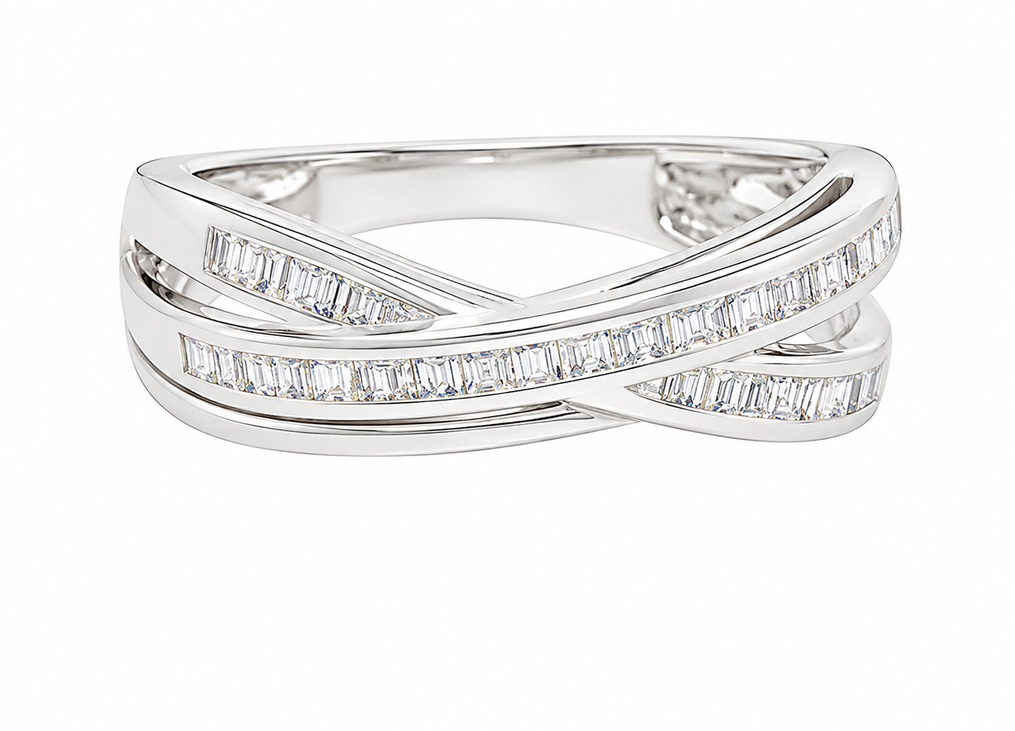 GBC, Inc. 10K White Gold Crossover Diamond Ring with crisscrossed bands set with baguette-cut diamonds.