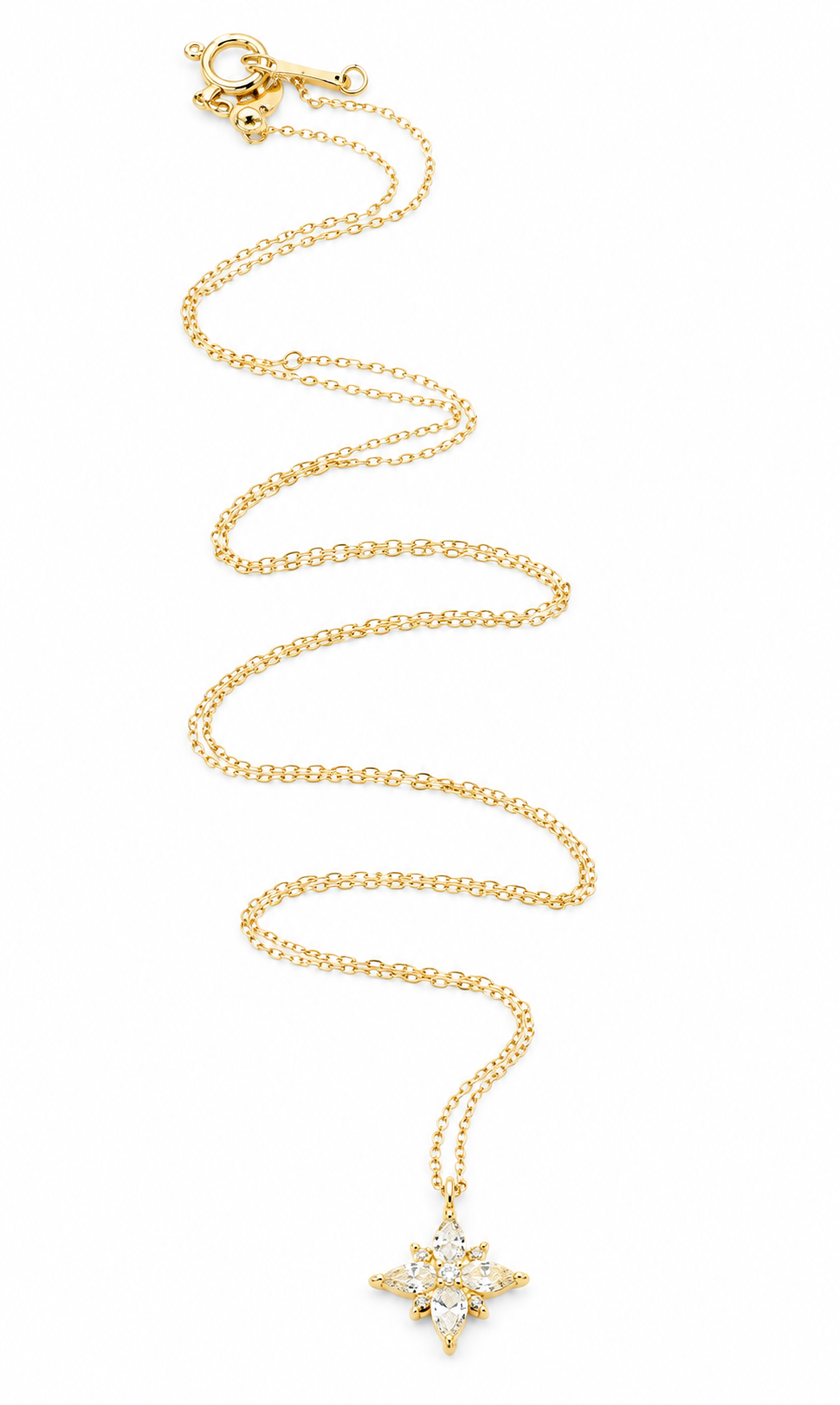 Kent Island Jewelry Estate 18k Yellow Gold Diamond Starburst Cable Chain Link Necklace with four marquise-cut diamonds.