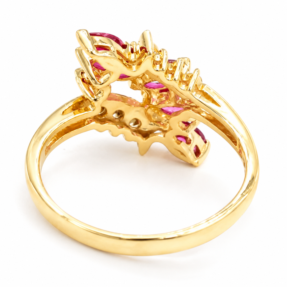 Estate 14k yellow gold diamond (.08 tcw) & ruby ring by Kent Island Jewelry, vintage prong setting, underside view.