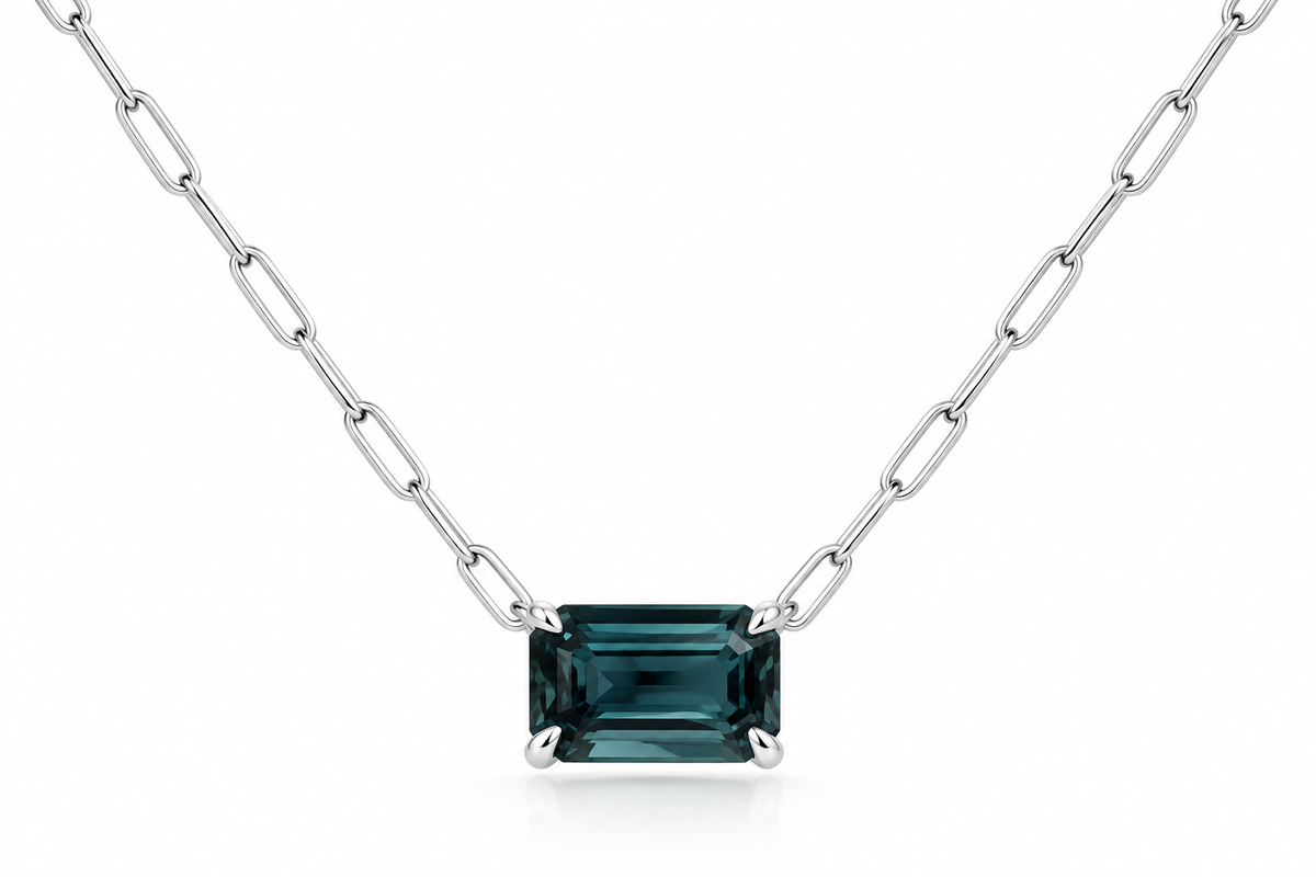 Roman & Jules 14K white gold green sapphire paperclip necklace, shown on a white background.