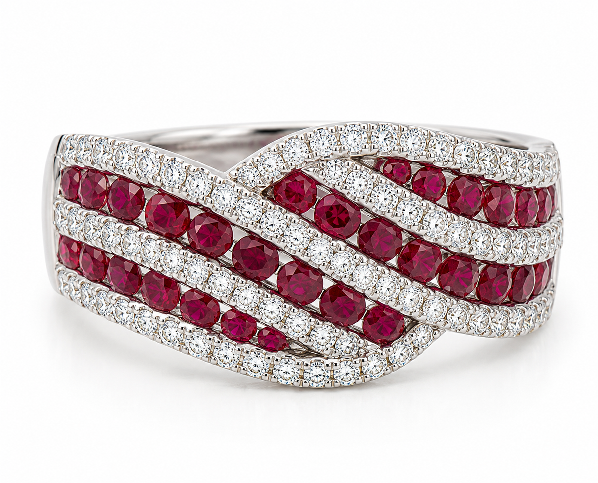 Roman & Jules 14K white gold band with interwoven rows of rubies and diamonds—an elegant anniversary ring.