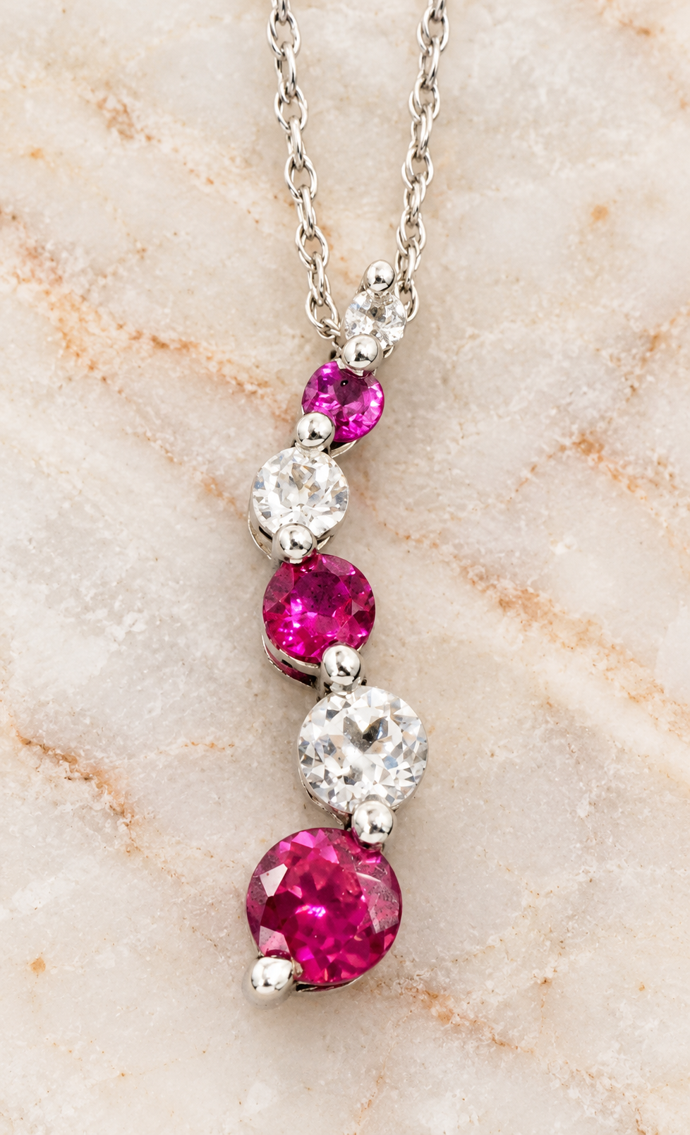 Kent Island Jewelry Estate 10k White Gold White Sapphire & Pink Spinel Gemstone Rope Chain with alternating drop gems.