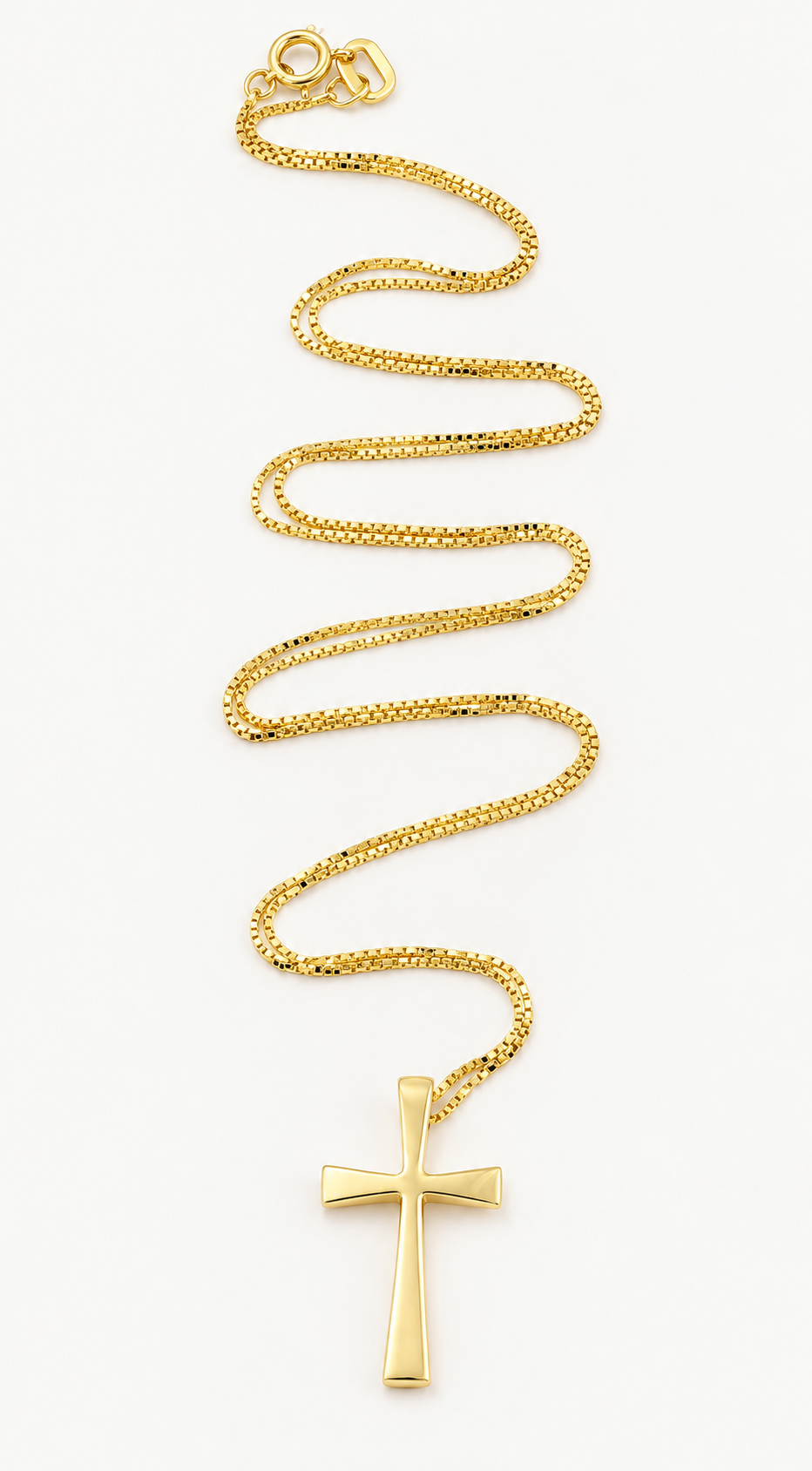 Estate 14k Yellow Gold Religious Cross Box Chain Necklace featuring a 14K yellow gold cross pendant on a thin box chain.