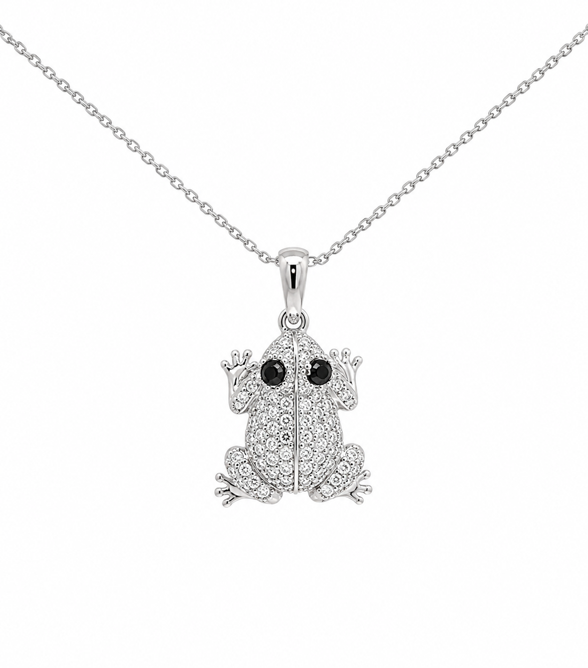 14K White Gold Diamond Frog Necklace.
