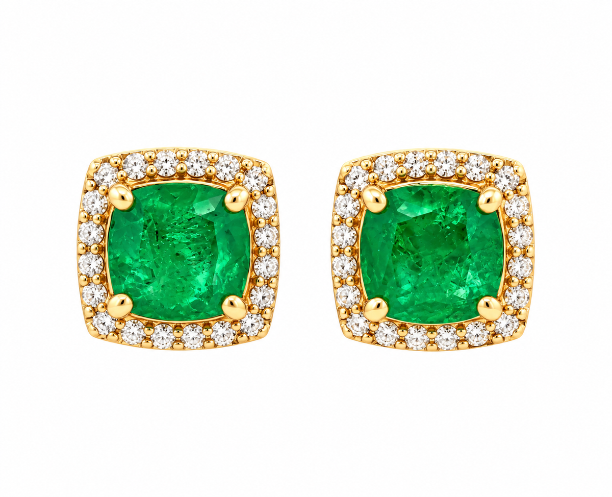 Estate 10K Yellow Gold Cushion-Cut Emerald Halo Stud Earrings by Kent Island Jewelry, shown on white background.