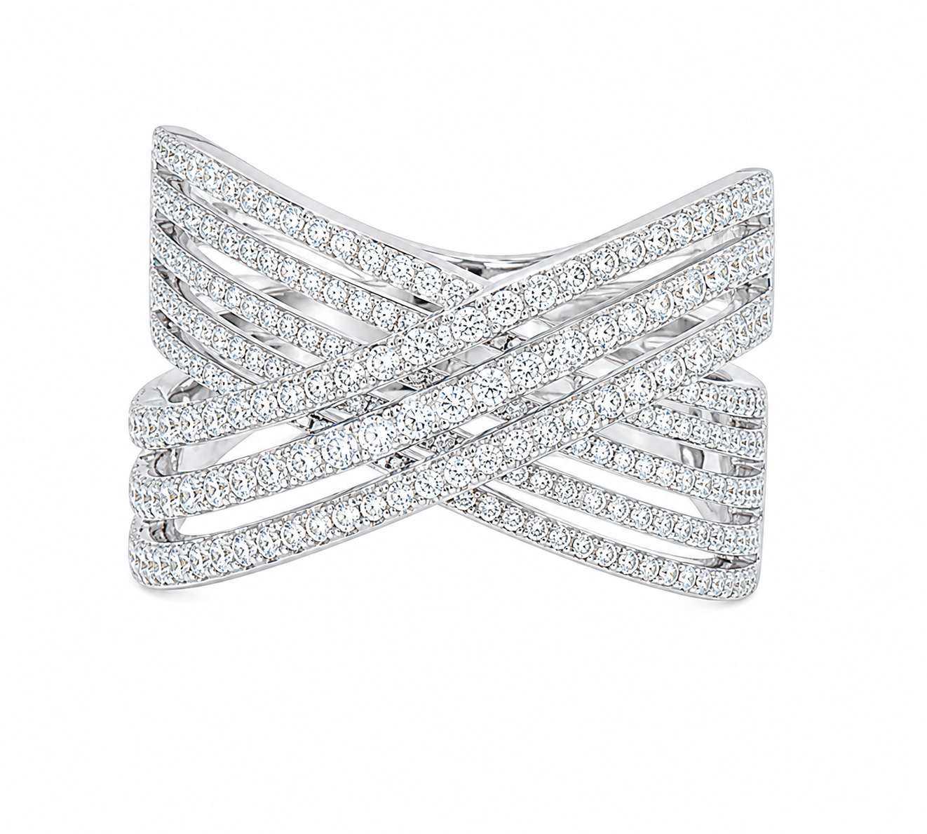 Venetti 18K Criss Cross Multi-Row Diamond Band—an elegant silver ring featuring layered diamond bands.