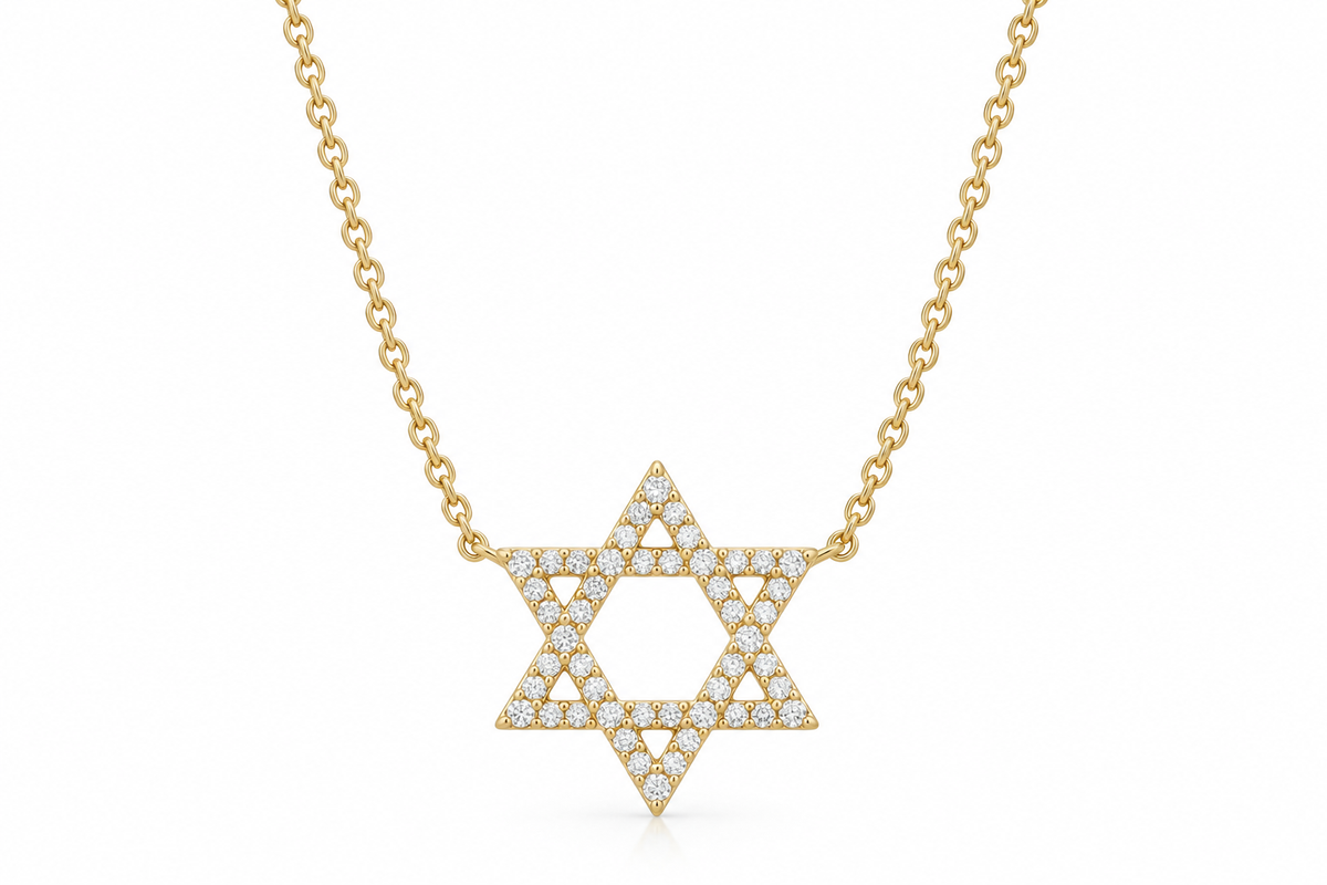 Roman & Jules 14K yellow gold Star of David necklace with diamond accent—an elegant Jewish jewelry piece.