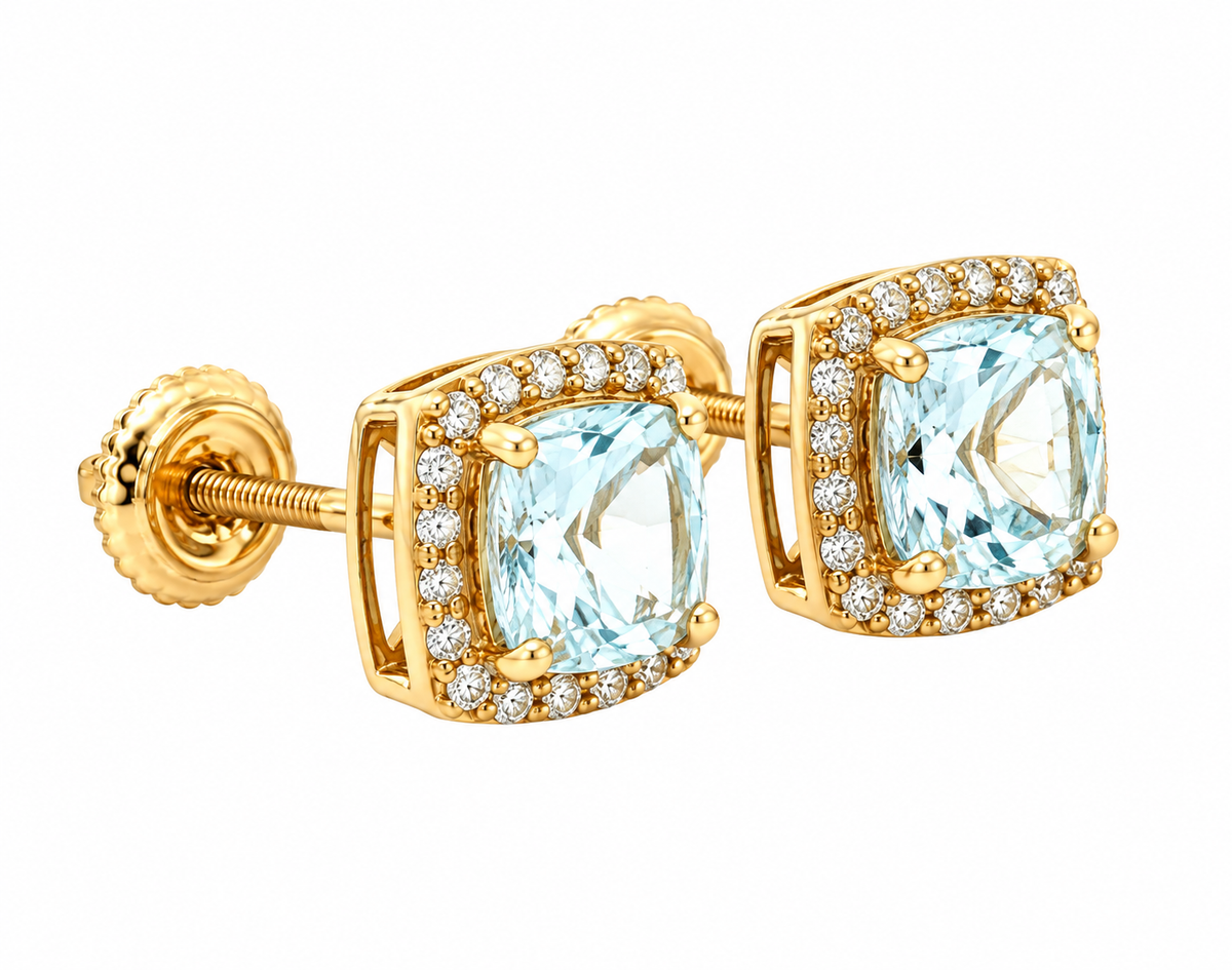 Kent Island Jewelry Estate 10K yellow gold cushion-cut aquamarine halo studs with sparkling diamonds.