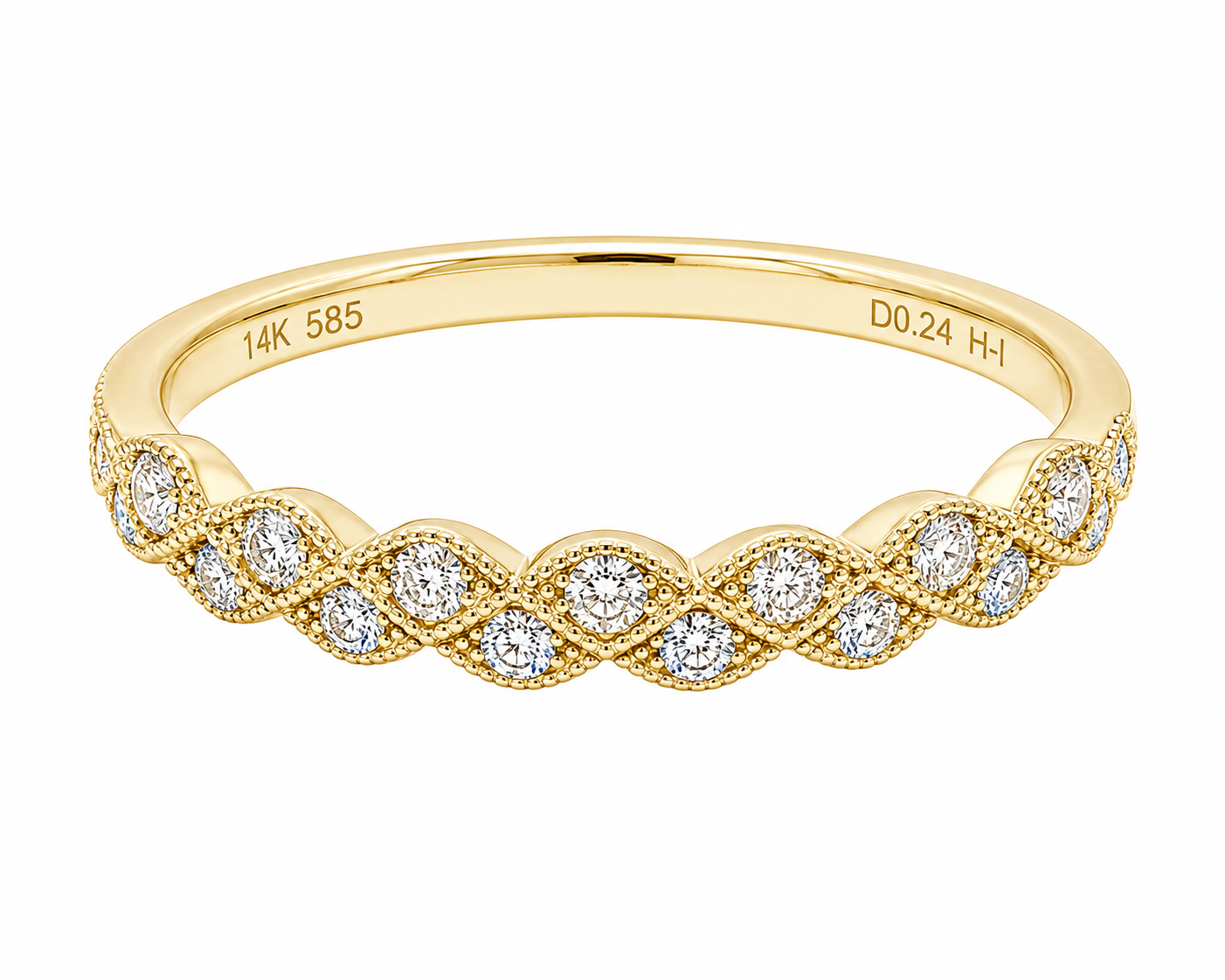 GBC, Inc. 14K yellow gold multi-row diamond ring with wavy pattern and engraved markings inside.