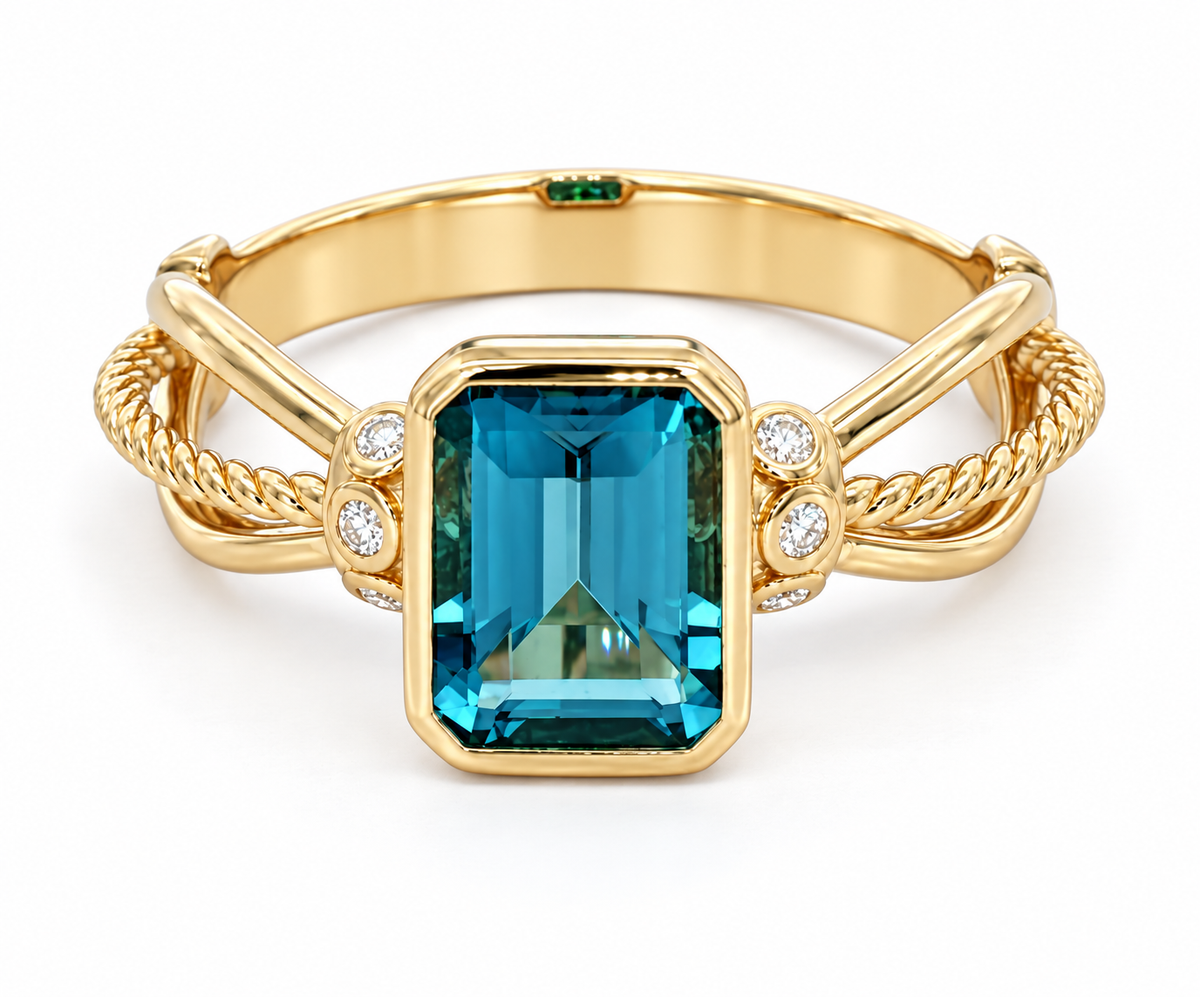 A yellow gold ring featuring a large, faceted emerald-cut London blue topaz center stone, accented by small round diamonds on the band, set against a clean white background.