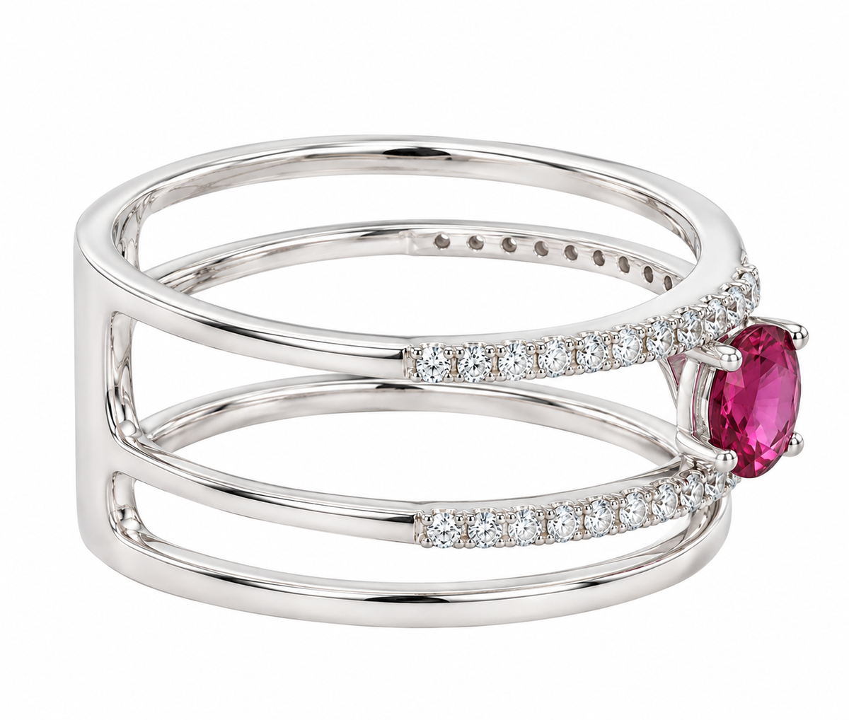A white gold double-band ring featuring a prominent oval pink gemstone accented by rows of small clear stones, shown on a plain white background.