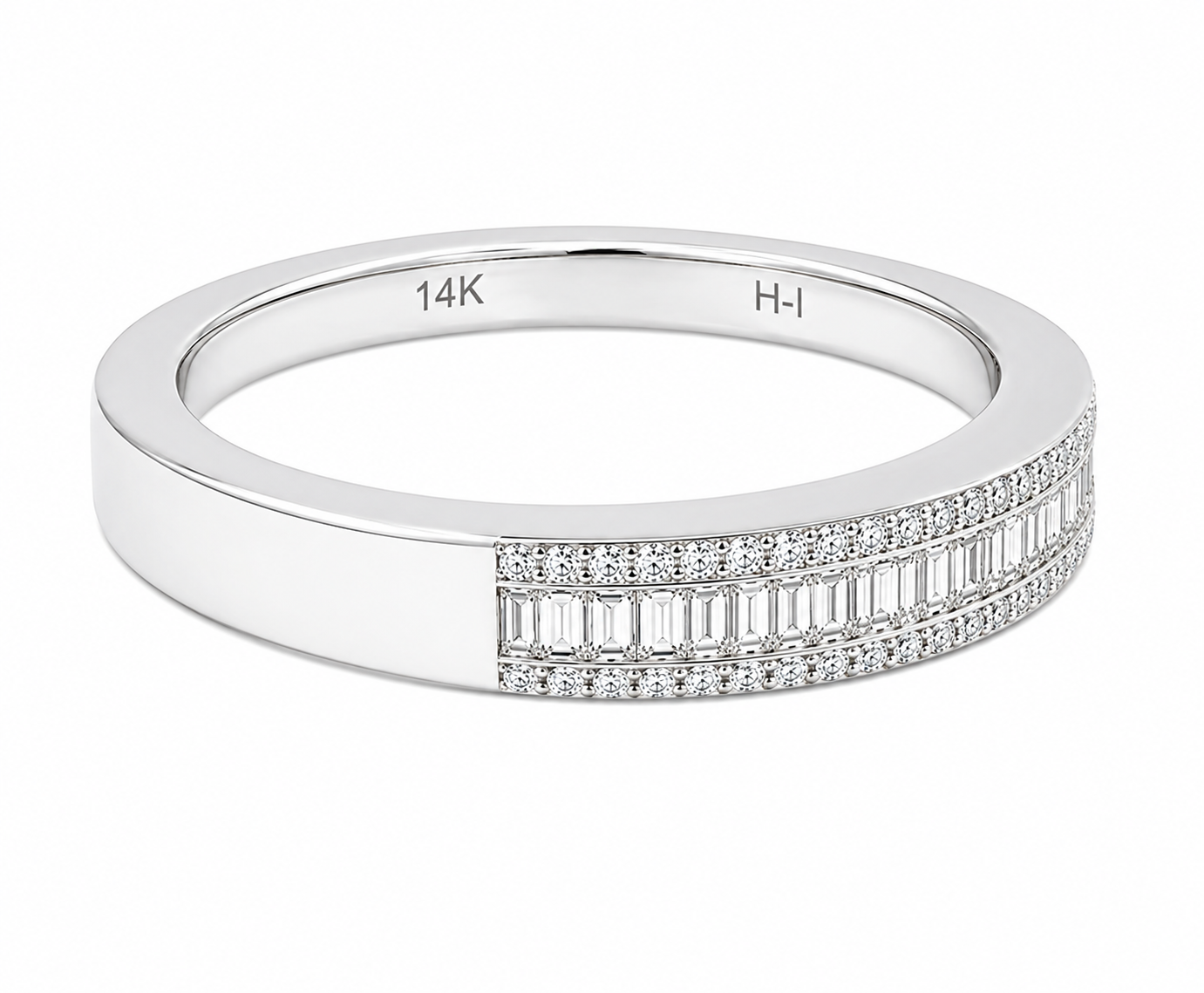 GBC, Inc. 14K white gold ring with baguette & round diamonds, engraved 14K and H-I inside band.