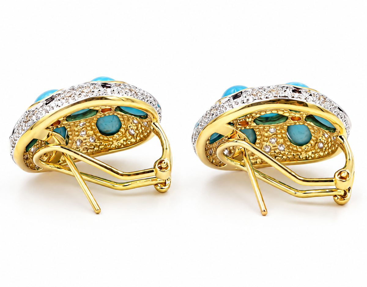 Estate 14k Yellow & White Gold Levian Diamond & Turquoise Gemstone Omega Back earrings with turquoise cabochons.