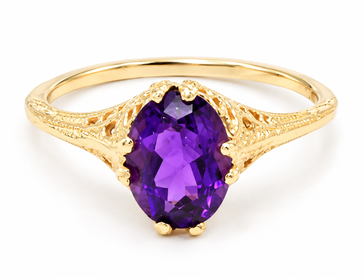 Estate 14k YG Amethyst Open Work Textured Ring by Kent Island Jewelry; vintage design with purple amethyst center.