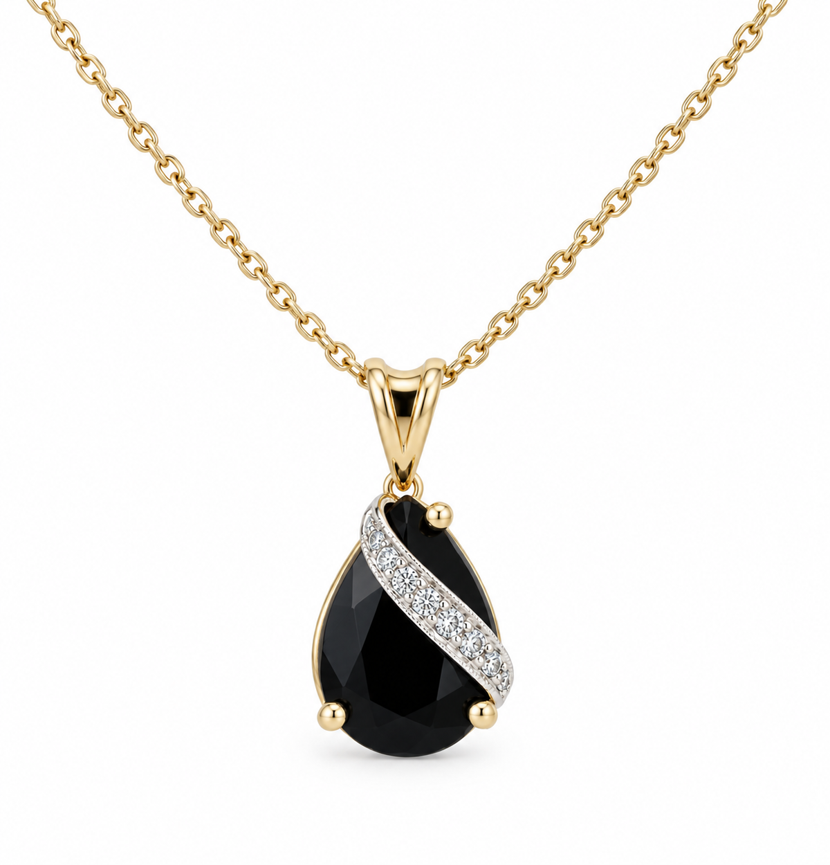 A gold chain necklace with a teardrop-shaped black pendant accented by a diagonal band of small clear stones, shown on a plain white background.