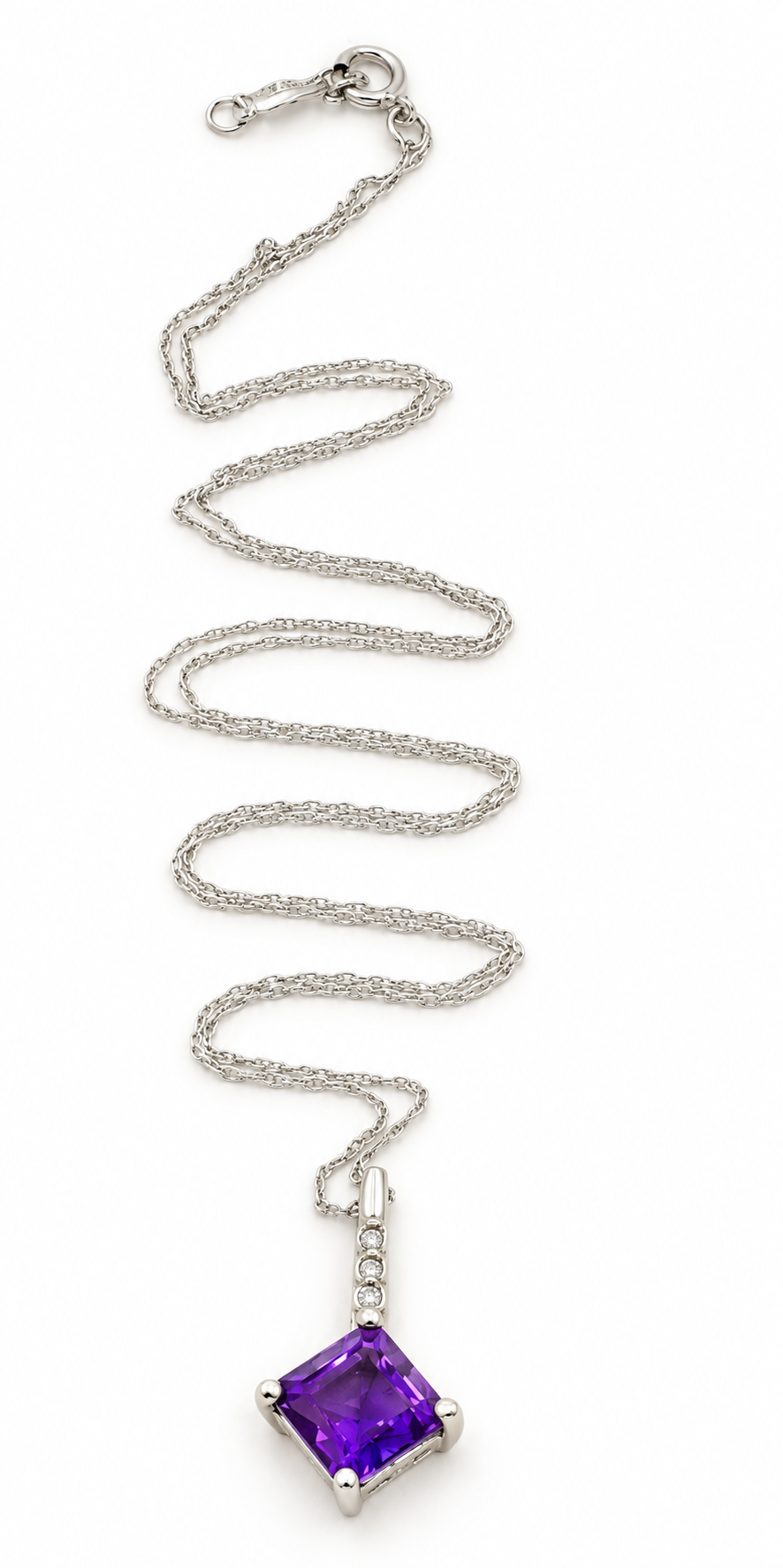 Estate 14k White Gold Diamond & Amethyst Gemstone Rope Chain Necklace with a square-cut amethyst and three diamonds.